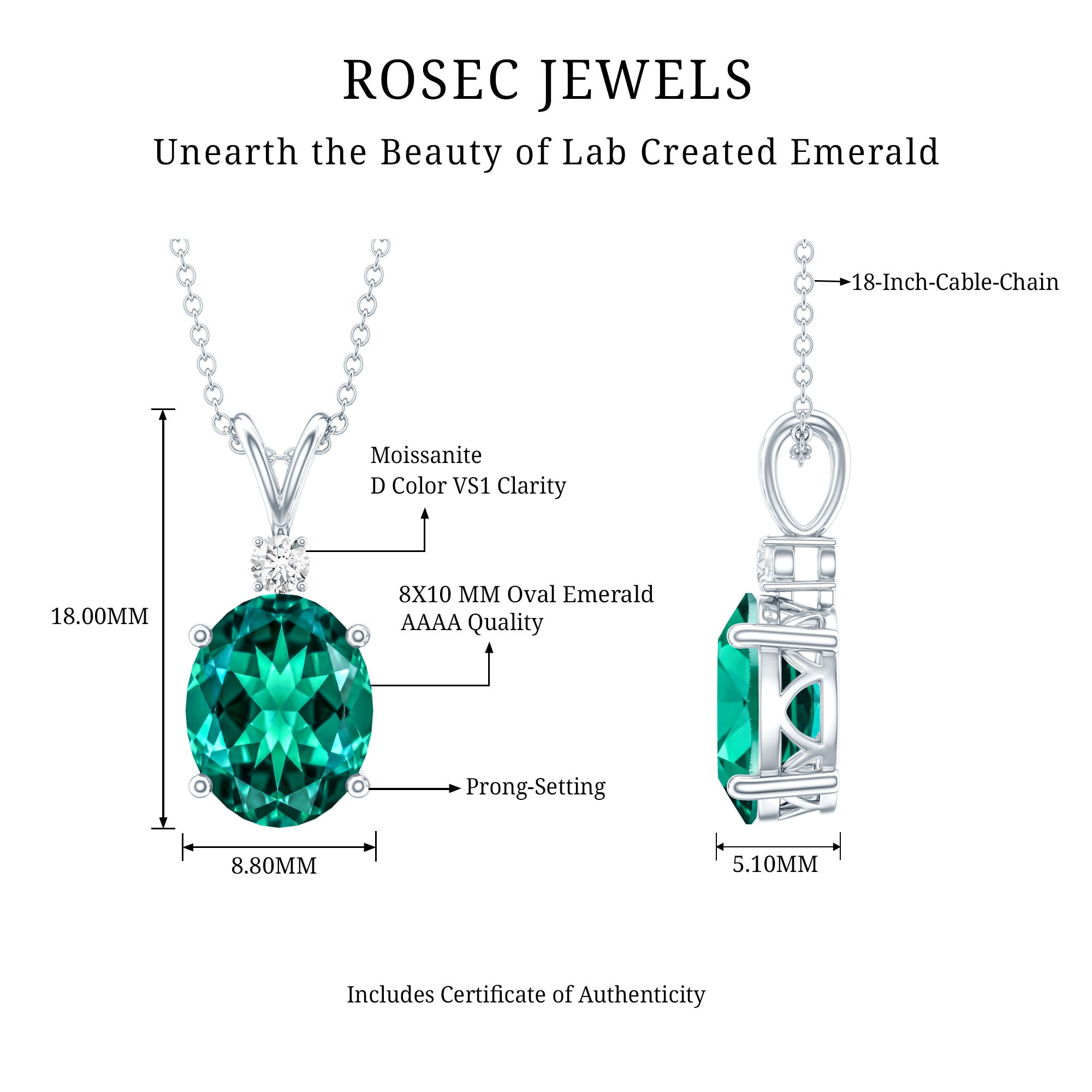 Oval Created Emerald and Moissanite Solitaire Pendant AAAA - Rosec Jewels