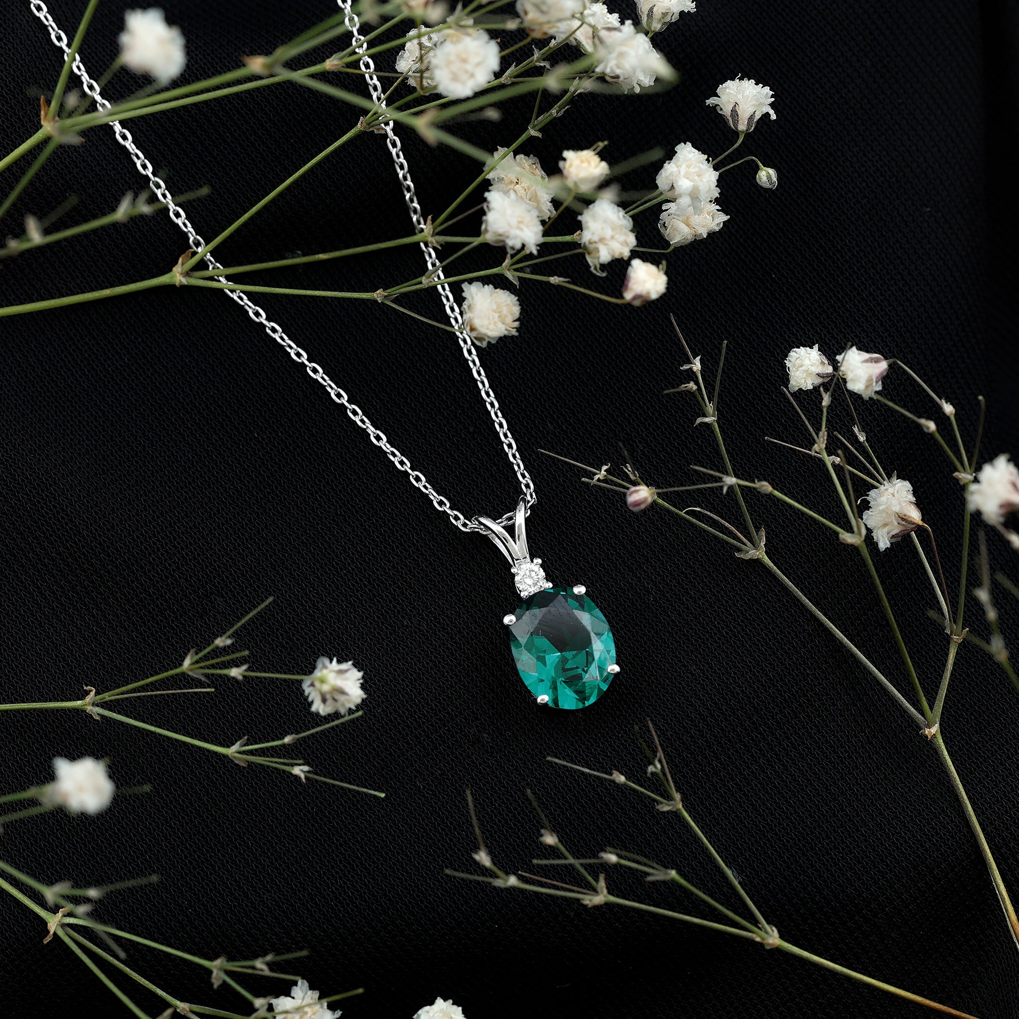 Oval Created Emerald and Moissanite Solitaire Pendant AAAA - Rosec Jewels