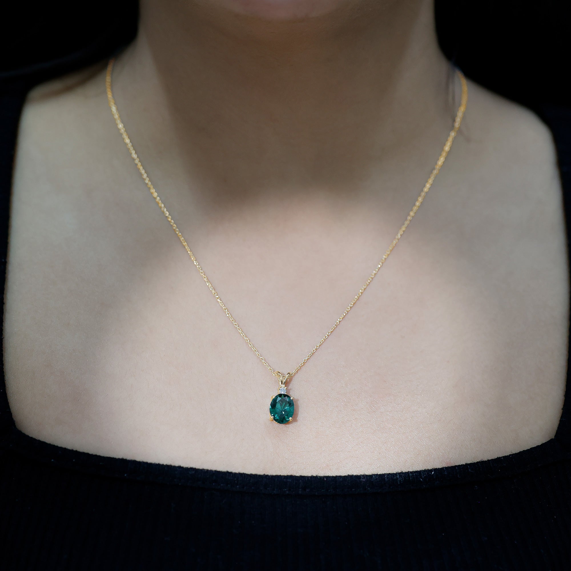 Oval Created Emerald and Moissanite Solitaire Pendant AAAA - Rosec Jewels