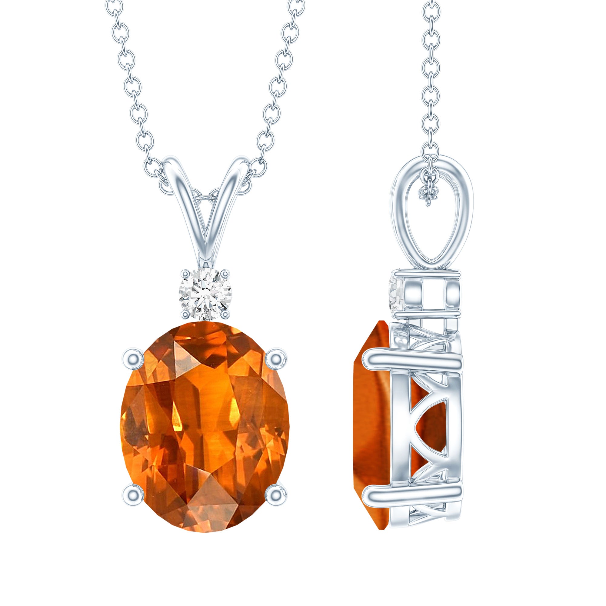 Oval Lab Created Orange Sapphire Solitaire Necklace with Chain AAAA - Rosec Jewels