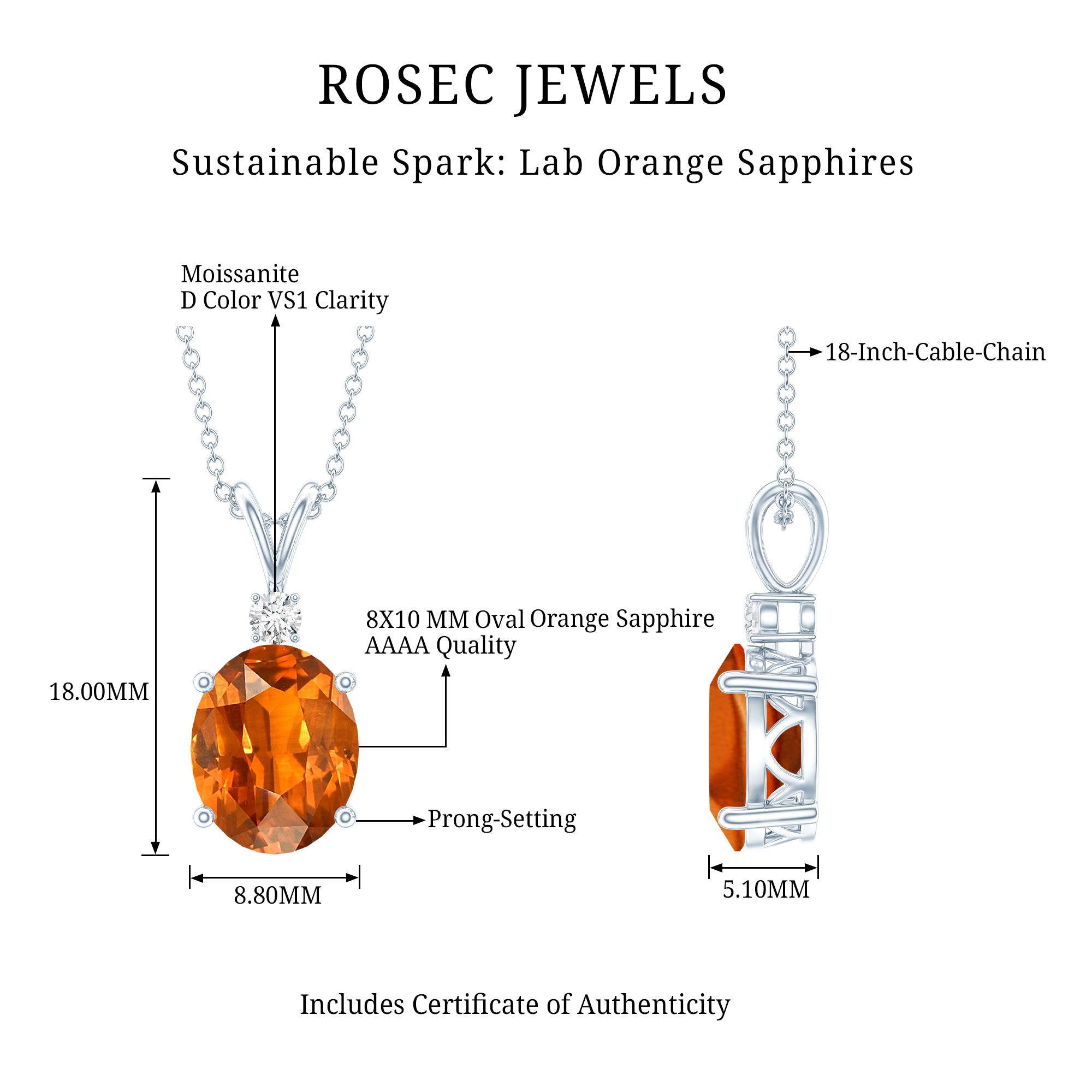 Oval Lab Created Orange Sapphire Solitaire Necklace with Chain AAAA - Rosec Jewels