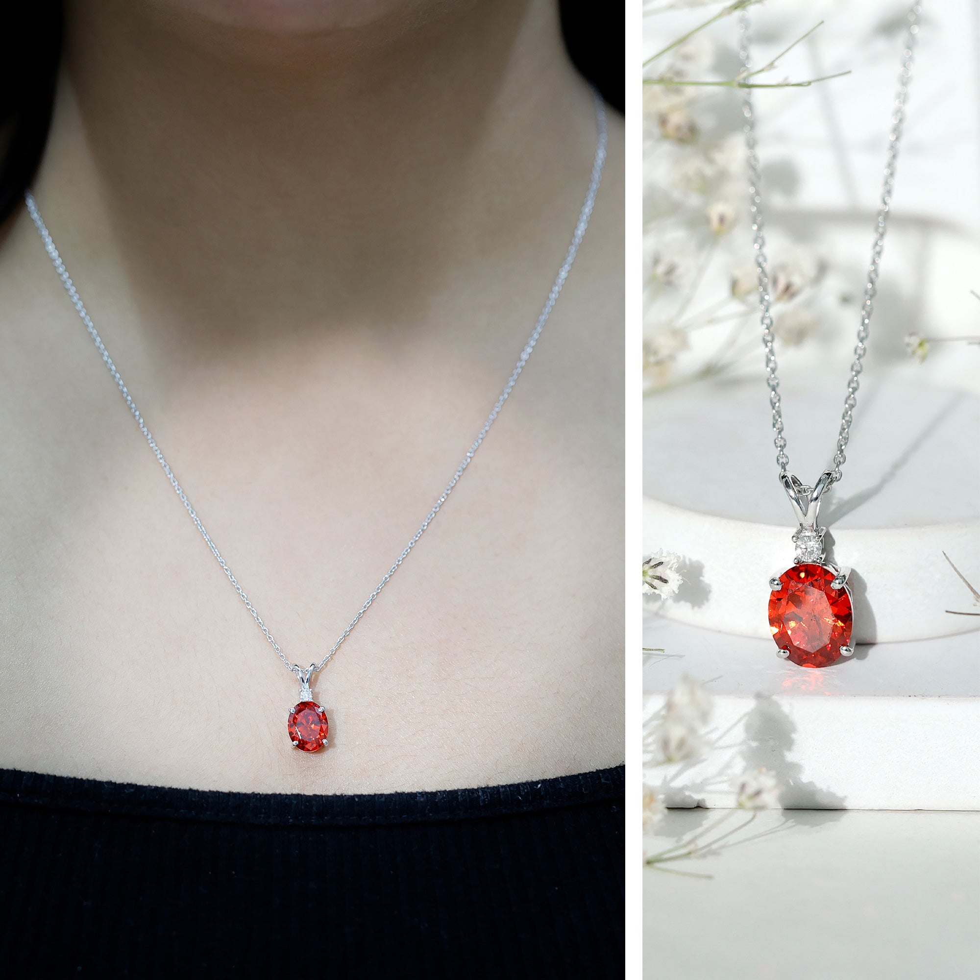 Oval Lab Created Orange Sapphire Solitaire Necklace with Chain AAAA - Rosec Jewels
