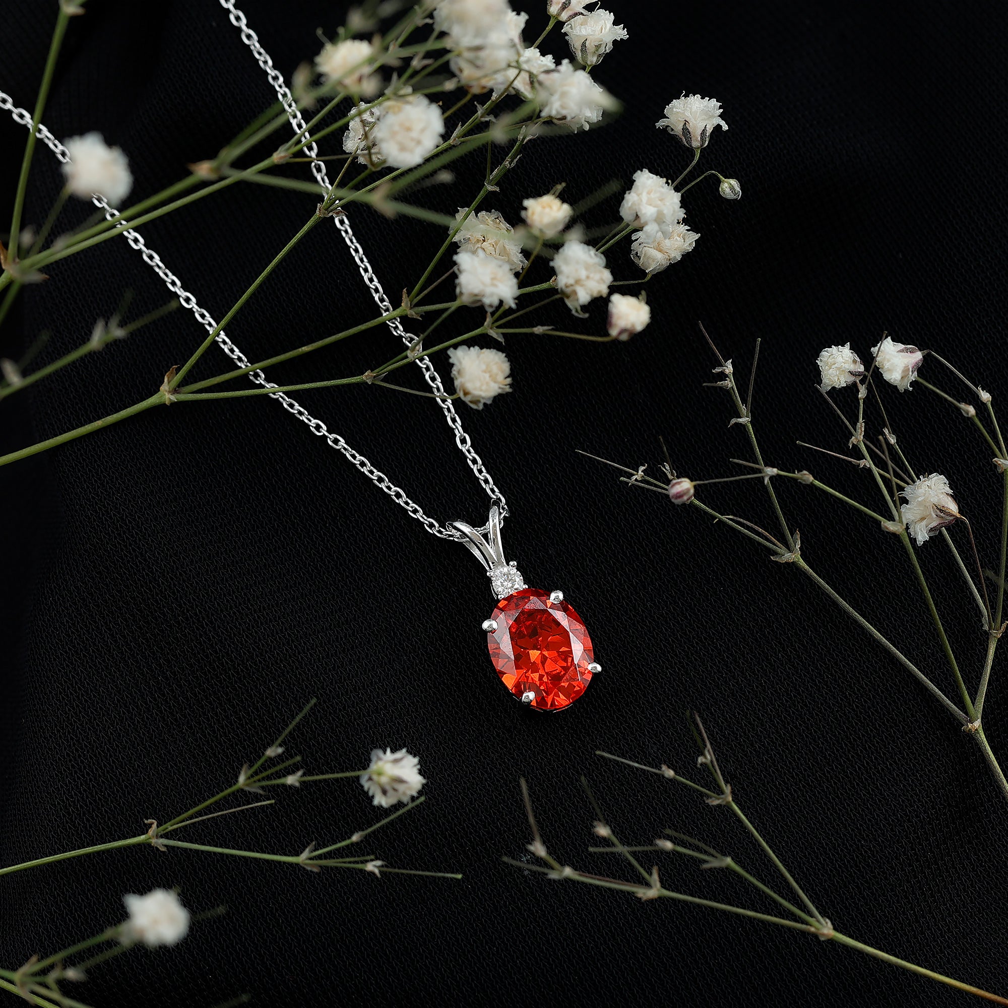 Oval Lab Created Orange Sapphire Solitaire Necklace with Chain AAAA - Rosec Jewels
