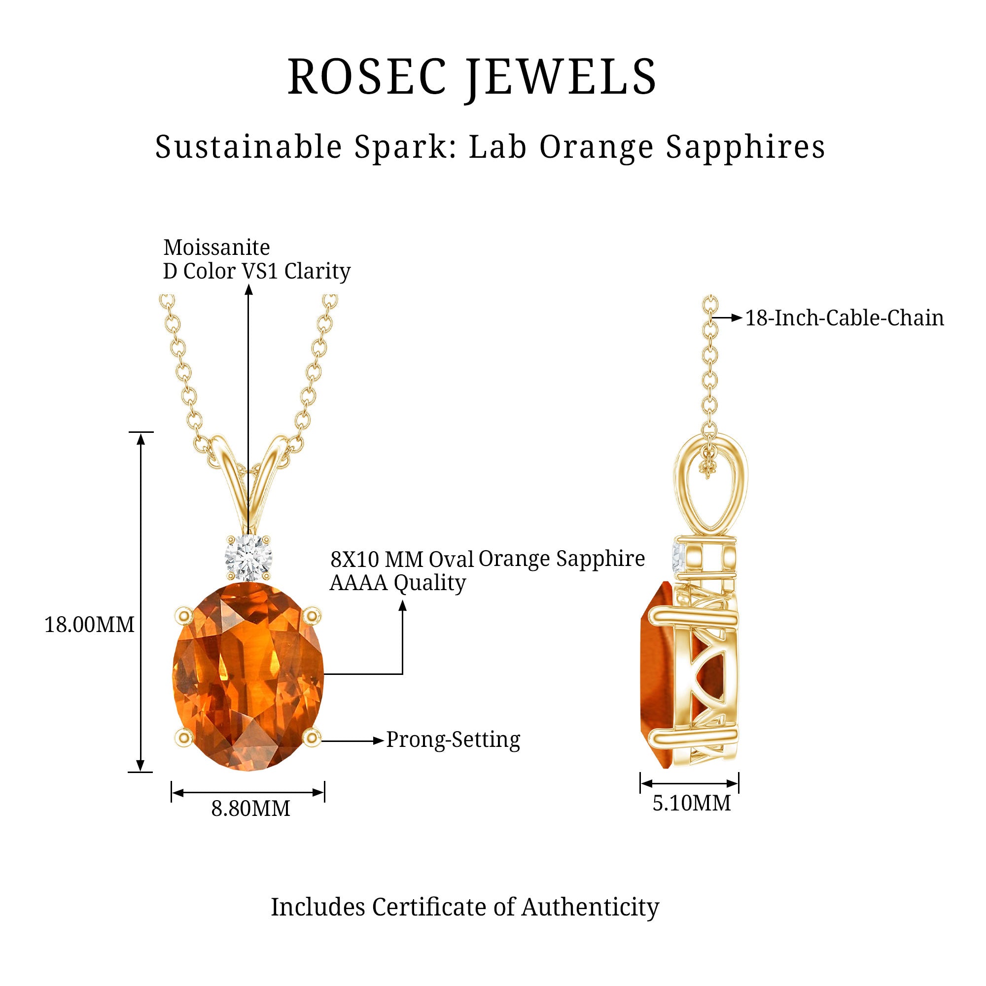 Oval Lab Created Orange Sapphire Solitaire Necklace with Chain AAAA - Rosec Jewels