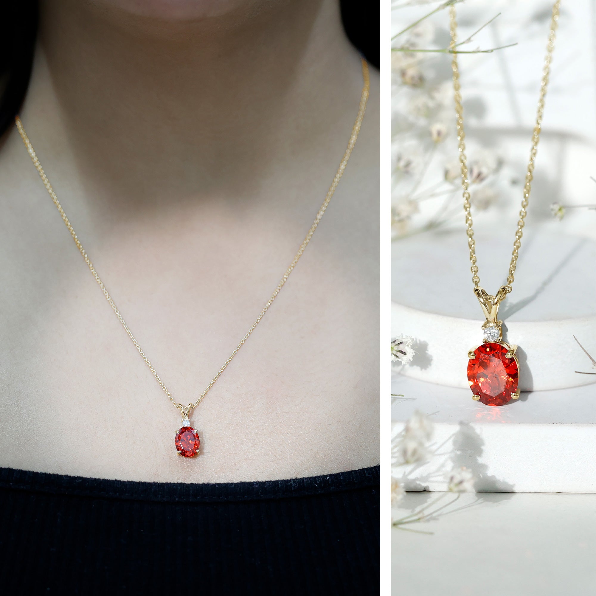Oval Lab Created Orange Sapphire Solitaire Necklace with Chain AAAA - Rosec Jewels