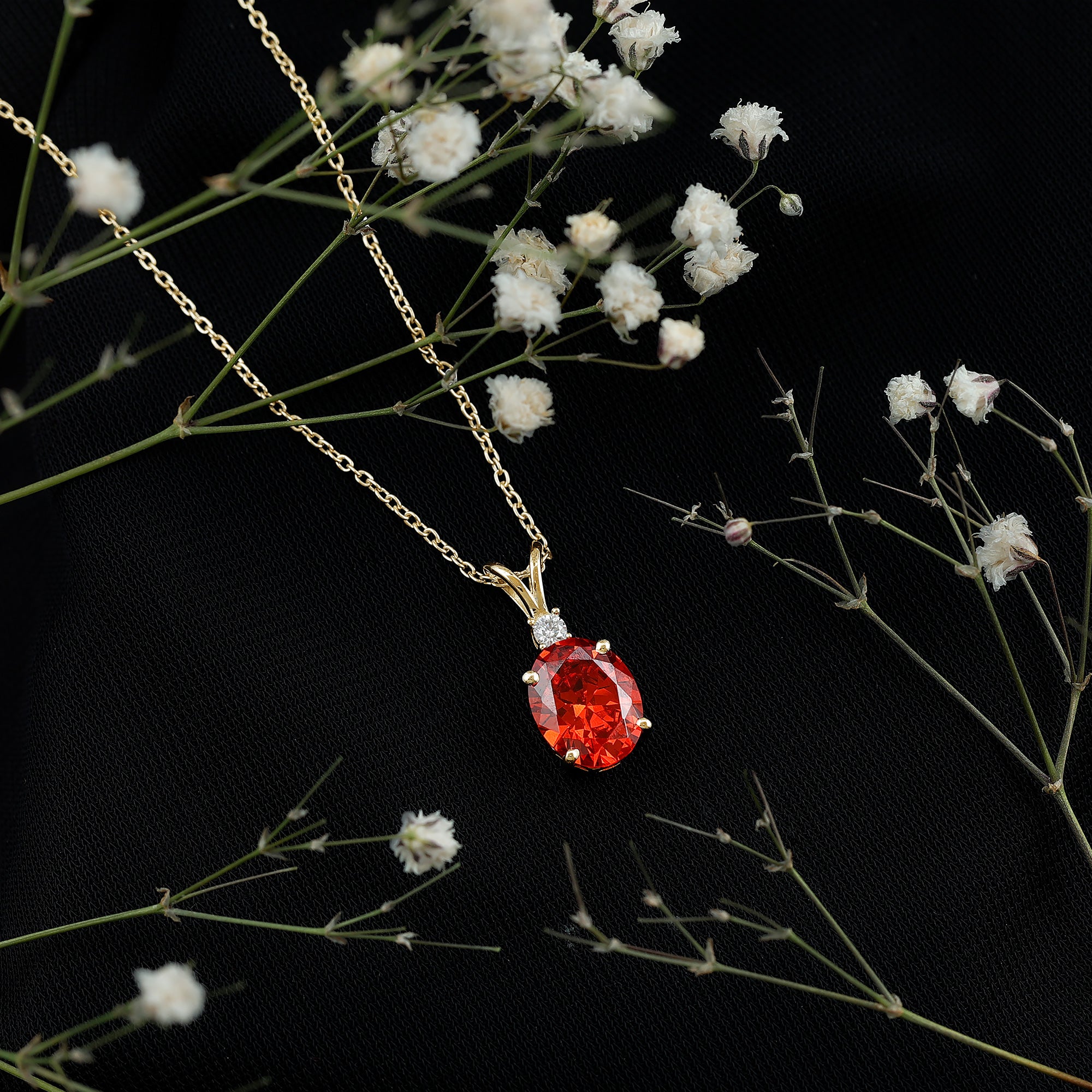 Oval Lab Created Orange Sapphire Solitaire Necklace with Chain AAAA - Rosec Jewels