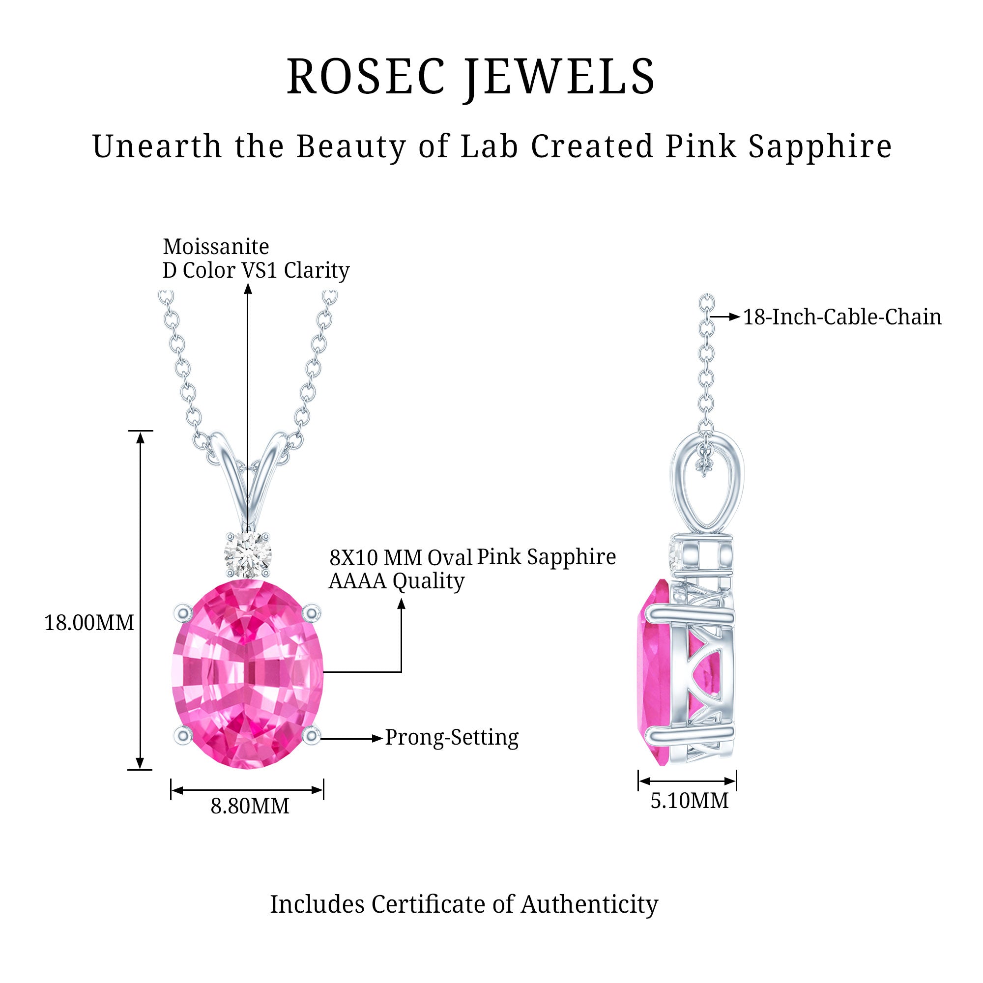 4 Carat Lab Created Pink Sapphire Oval Necklace AAAA - Rosec Jewels