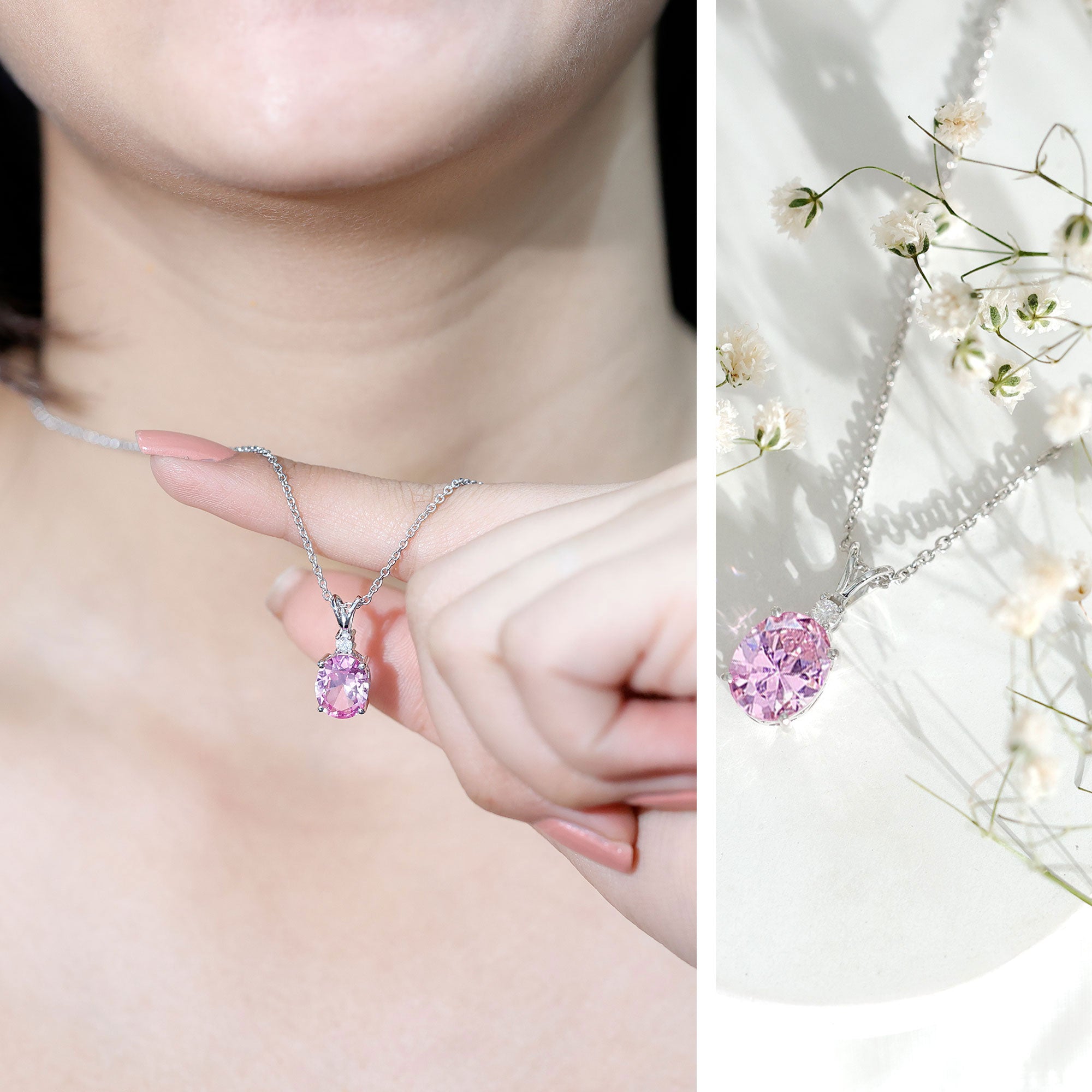4 Carat Lab Created Pink Sapphire Oval Necklace AAAA - Rosec Jewels