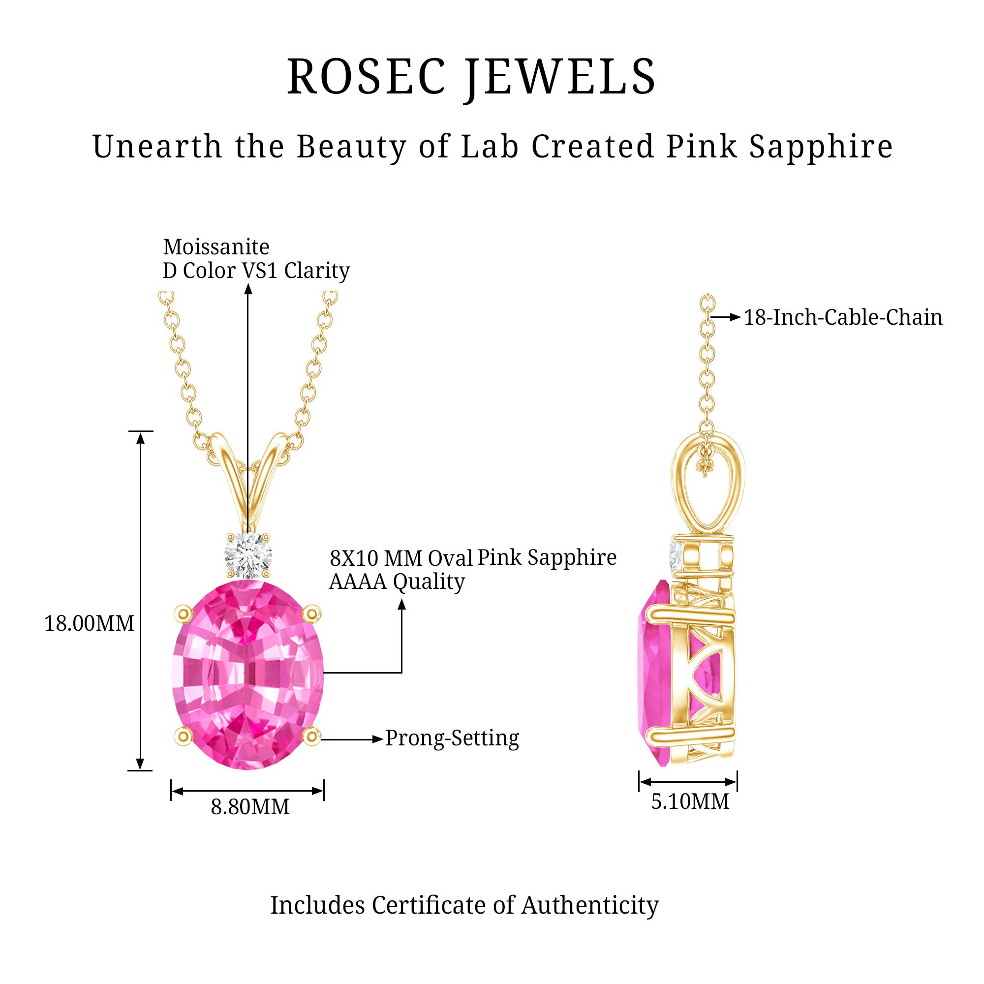 4 Carat Lab Created Pink Sapphire Oval Necklace AAAA - Rosec Jewels