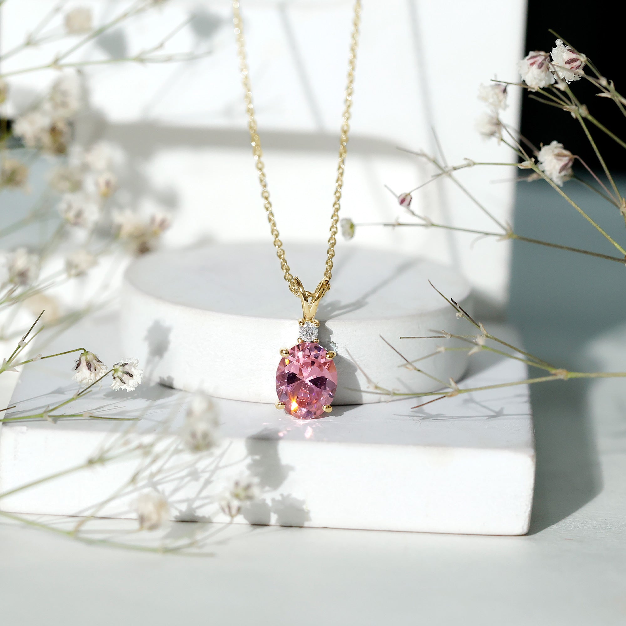 4 Carat Lab Created Pink Sapphire Oval Necklace AAAA - Rosec Jewels