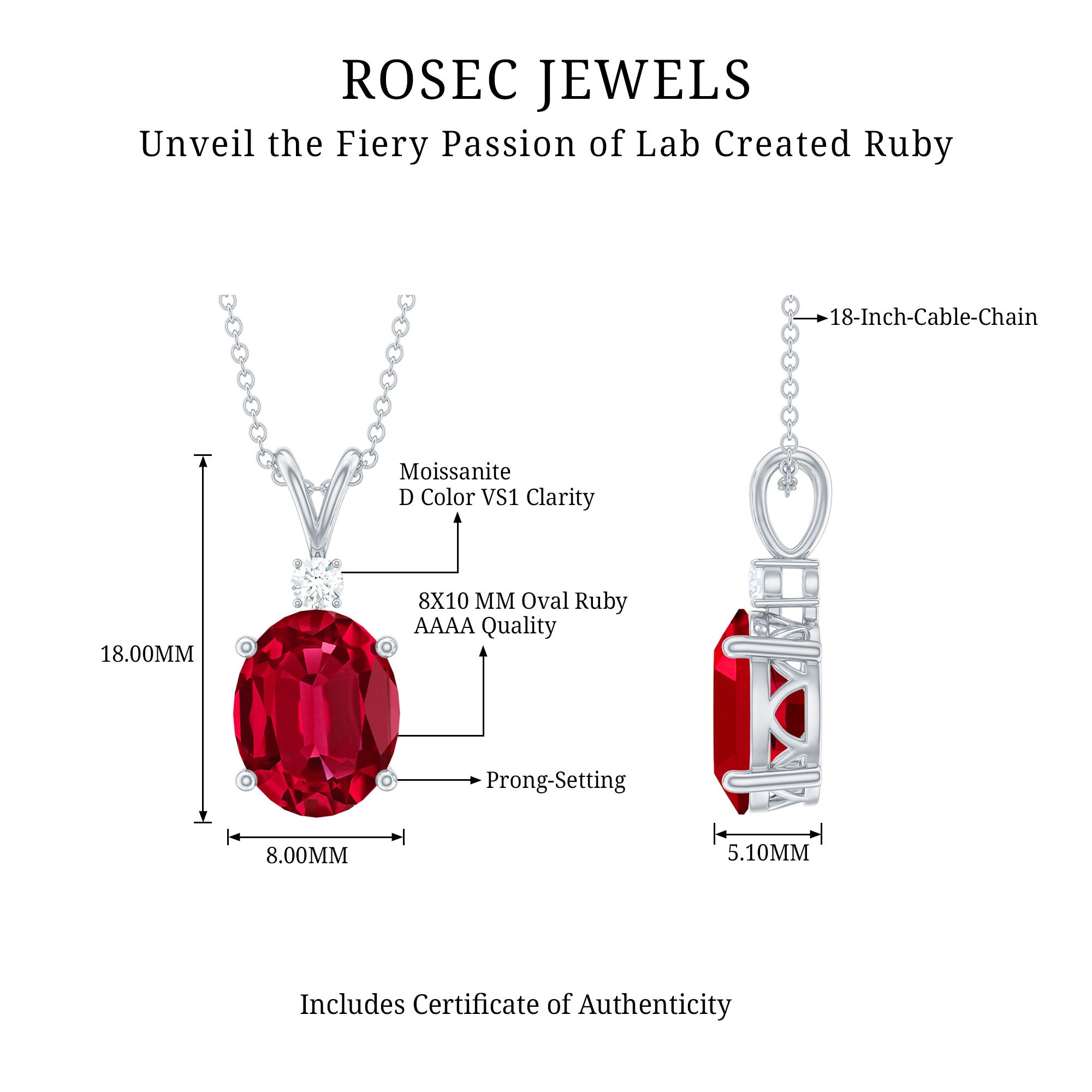 4 Carat Lab Created Ruby Bridal Necklace with Chain AAAA - Rosec Jewels