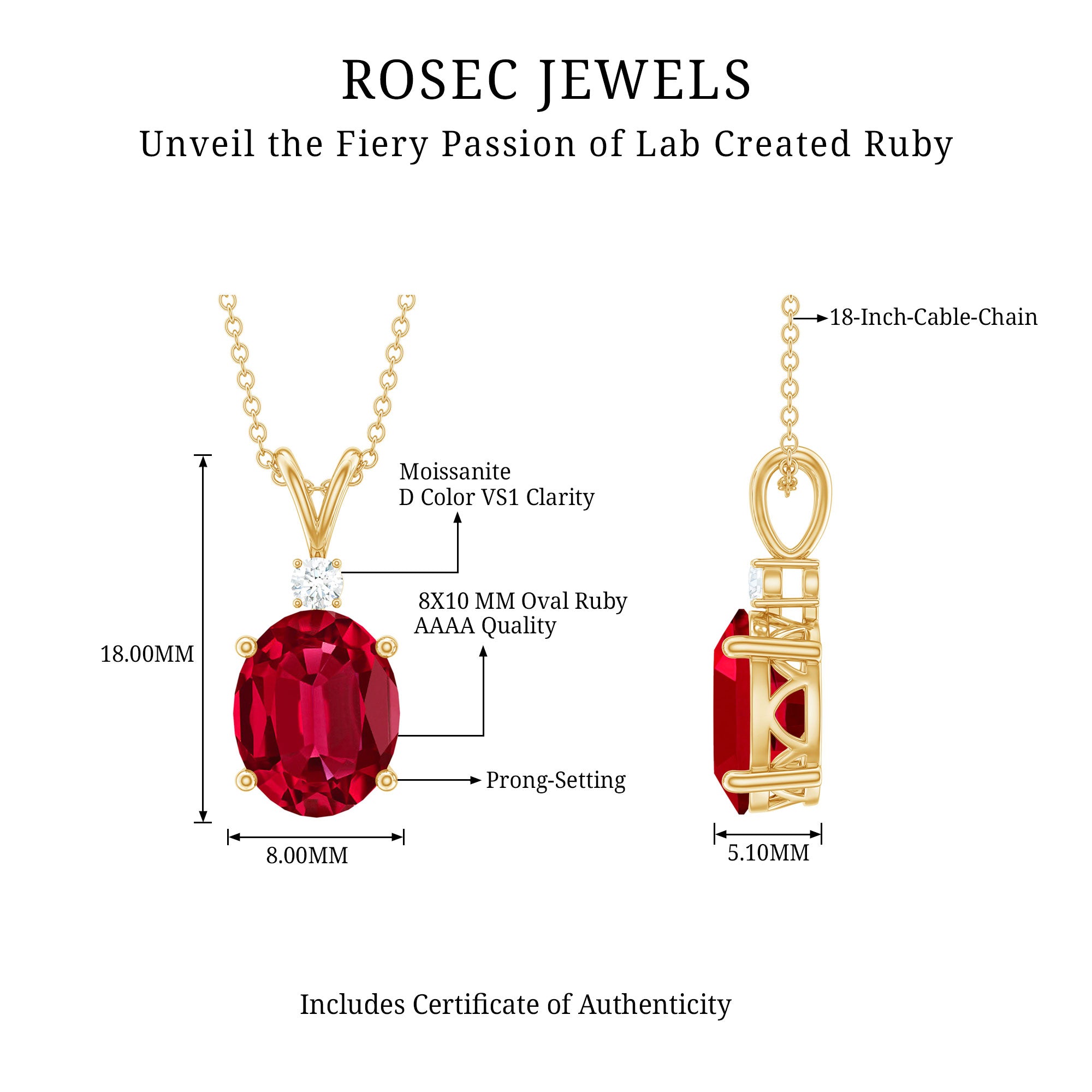 4 Carat Lab Created Ruby Bridal Necklace with Chain AAAA - Rosec Jewels