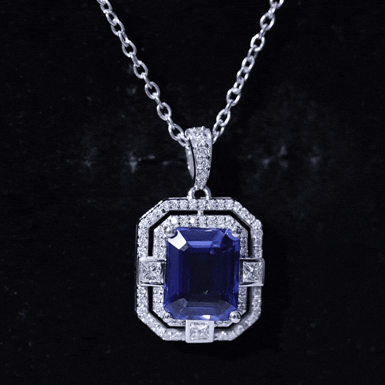 2.7 Carat Emerald Cut Lab Created Blue Sapphire Vintage Necklace with Diamond AAAA - Rosec Jewels