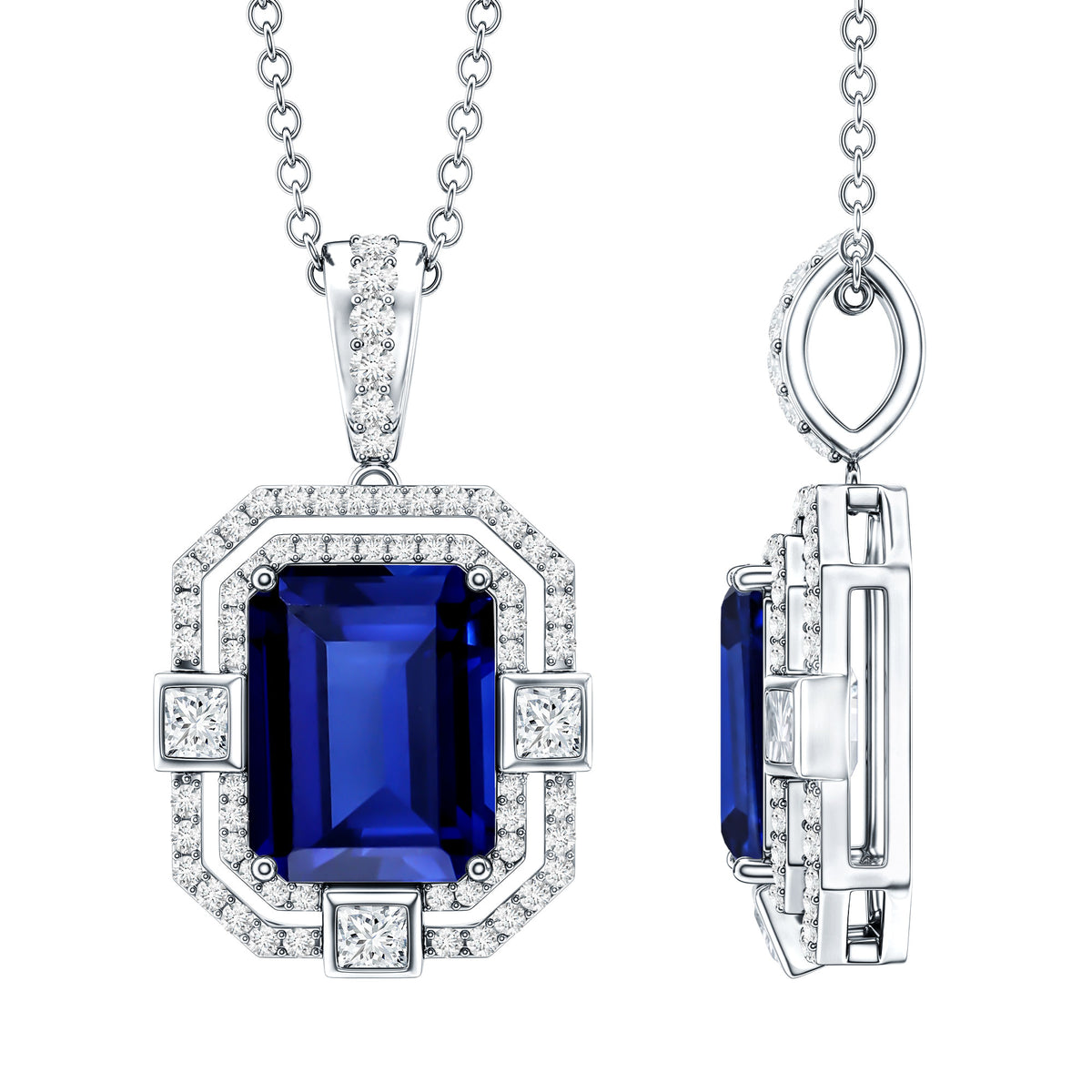 2.7 Carat Emerald Cut Lab Created Blue Sapphire Vintage Necklace with Diamond AAAA - Rosec Jewels
