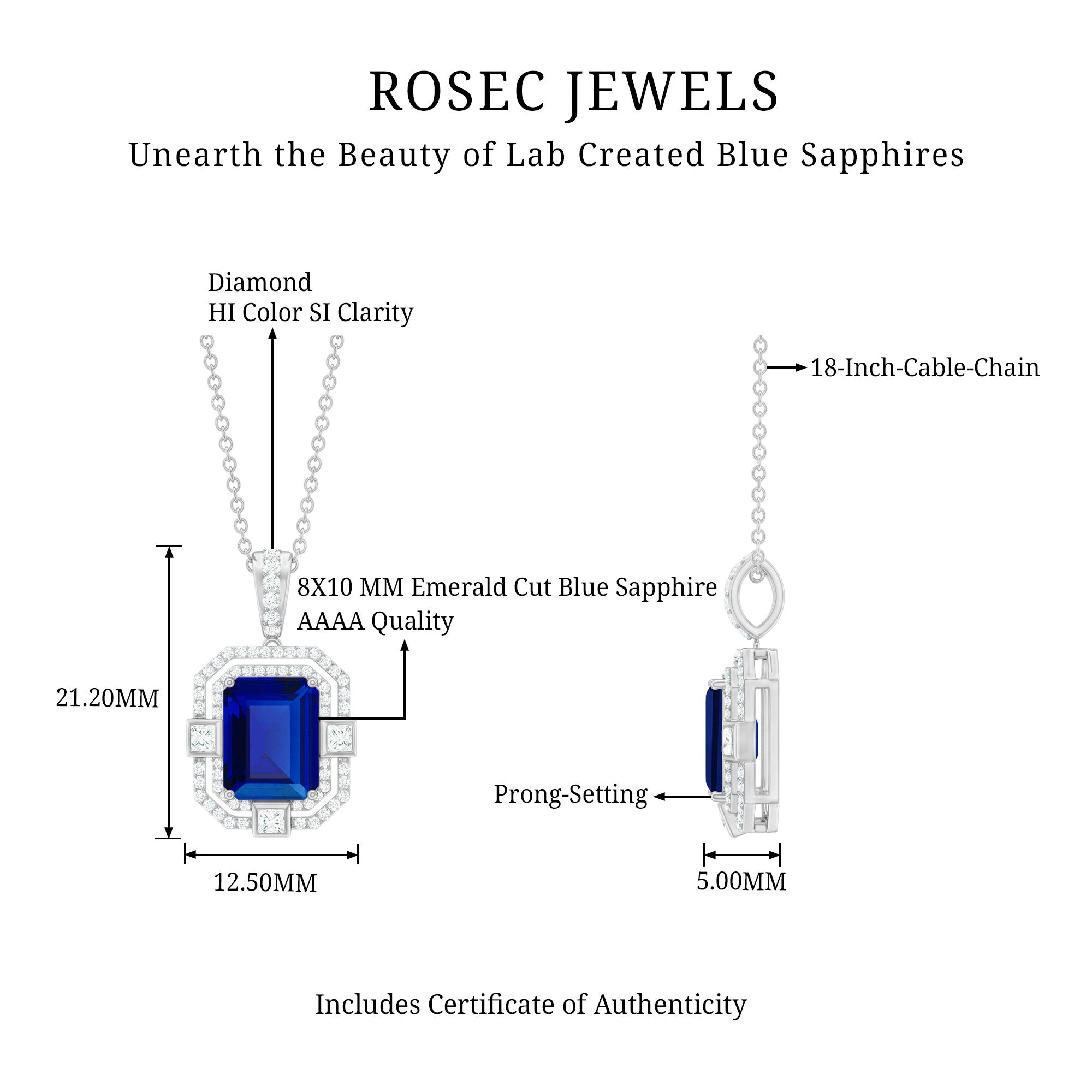 8x10mm Emerald Cut Lab Created Blue Sapphire Vintage Necklace with Diamond AAAA - Rosec Jewels