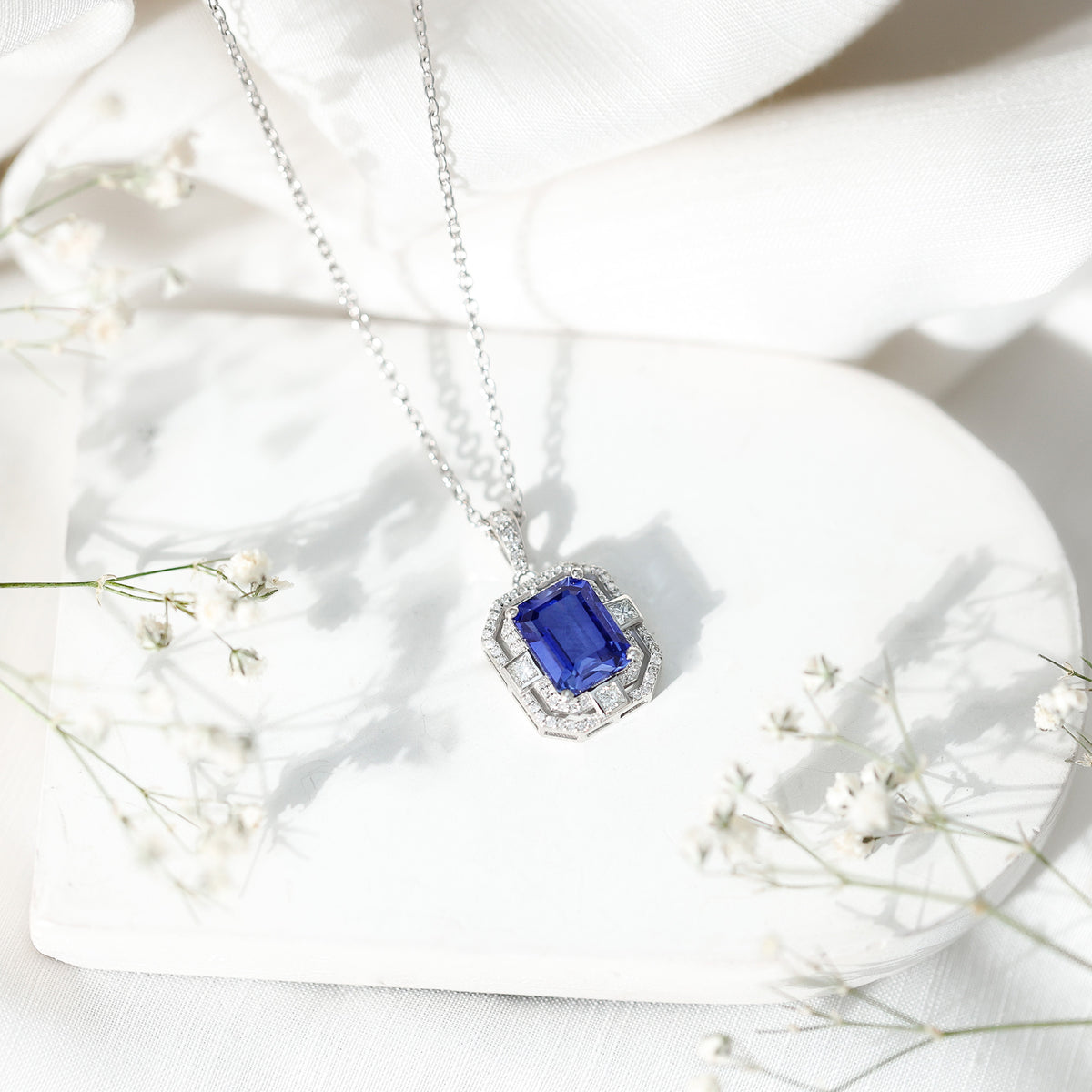 2.7 Carat Emerald Cut Lab Created Blue Sapphire Vintage Necklace with Diamond AAAA - Rosec Jewels