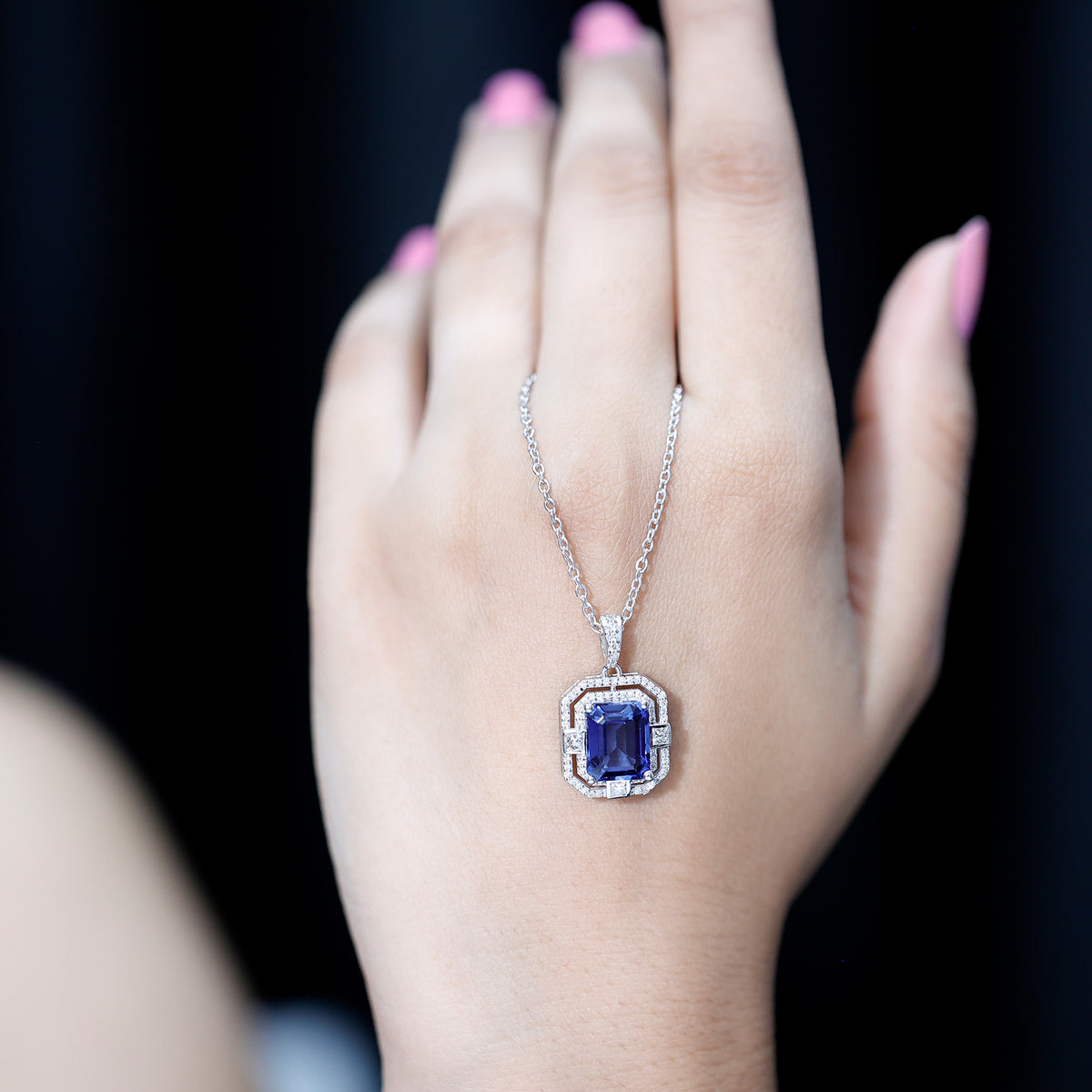 2.7 Carat Emerald Cut Lab Created Blue Sapphire Vintage Necklace with Diamond AAAA - Rosec Jewels