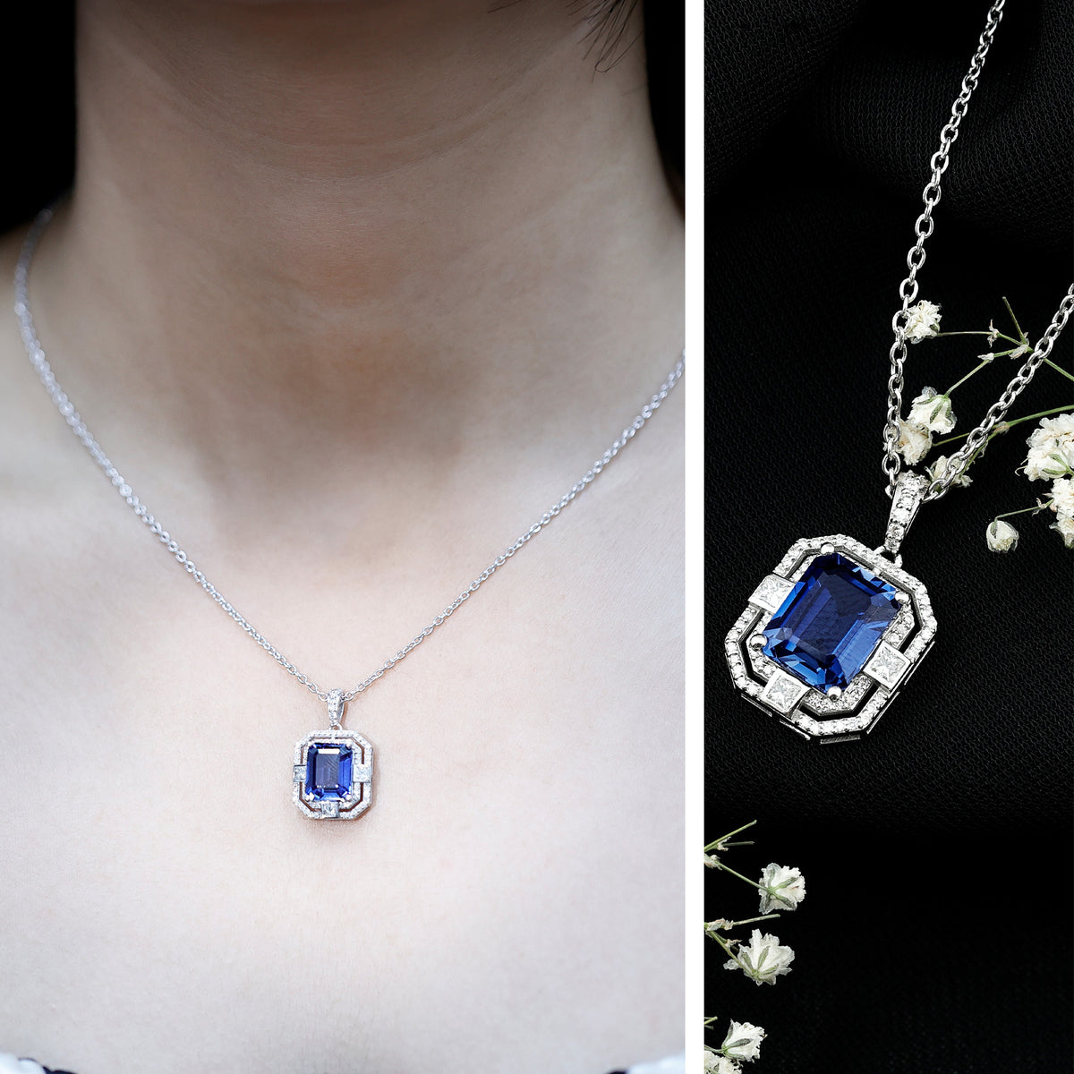 2.7 Carat Emerald Cut Lab Created Blue Sapphire Vintage Necklace with Diamond AAAA - Rosec Jewels