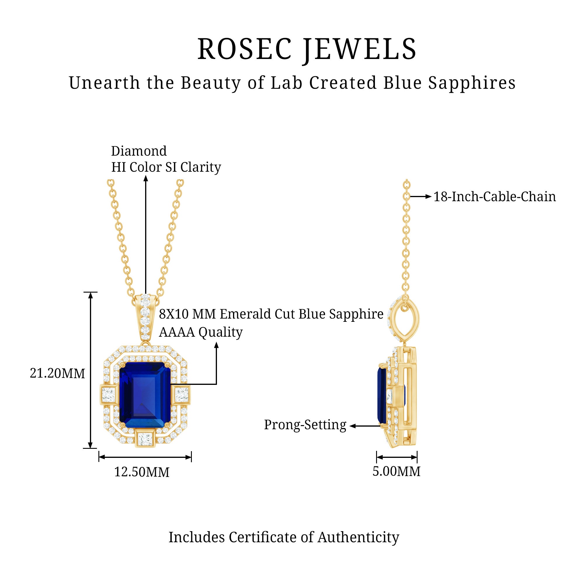 8x10mm Emerald Cut Lab Created Blue Sapphire Vintage Necklace with Diamond AAAA - Rosec Jewels