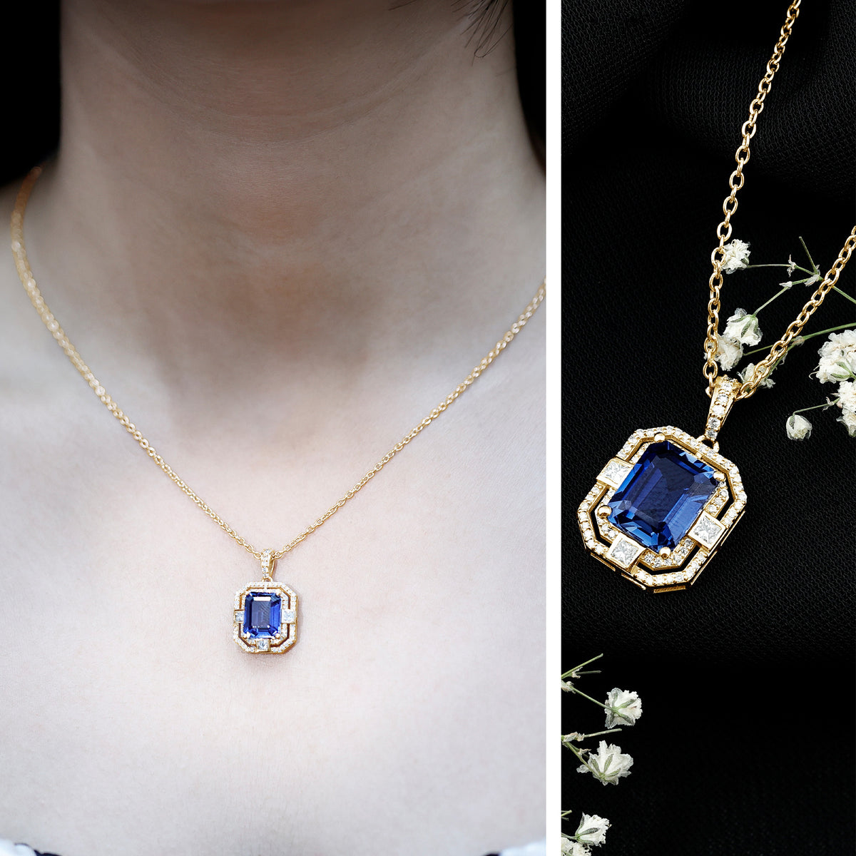 2.7 Carat Emerald Cut Lab Created Blue Sapphire Vintage Necklace with Diamond AAAA - Rosec Jewels