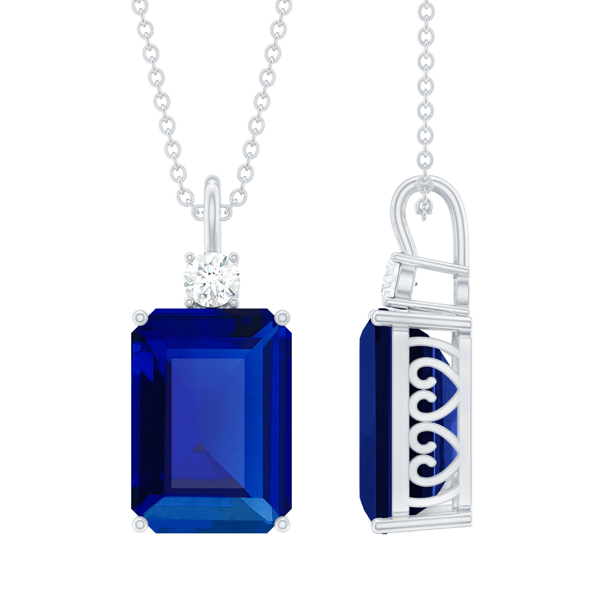9 Carat Lab Grown Blue Sapphire Emerald Cut Necklace with Diamond AAAA - Rosec Jewels