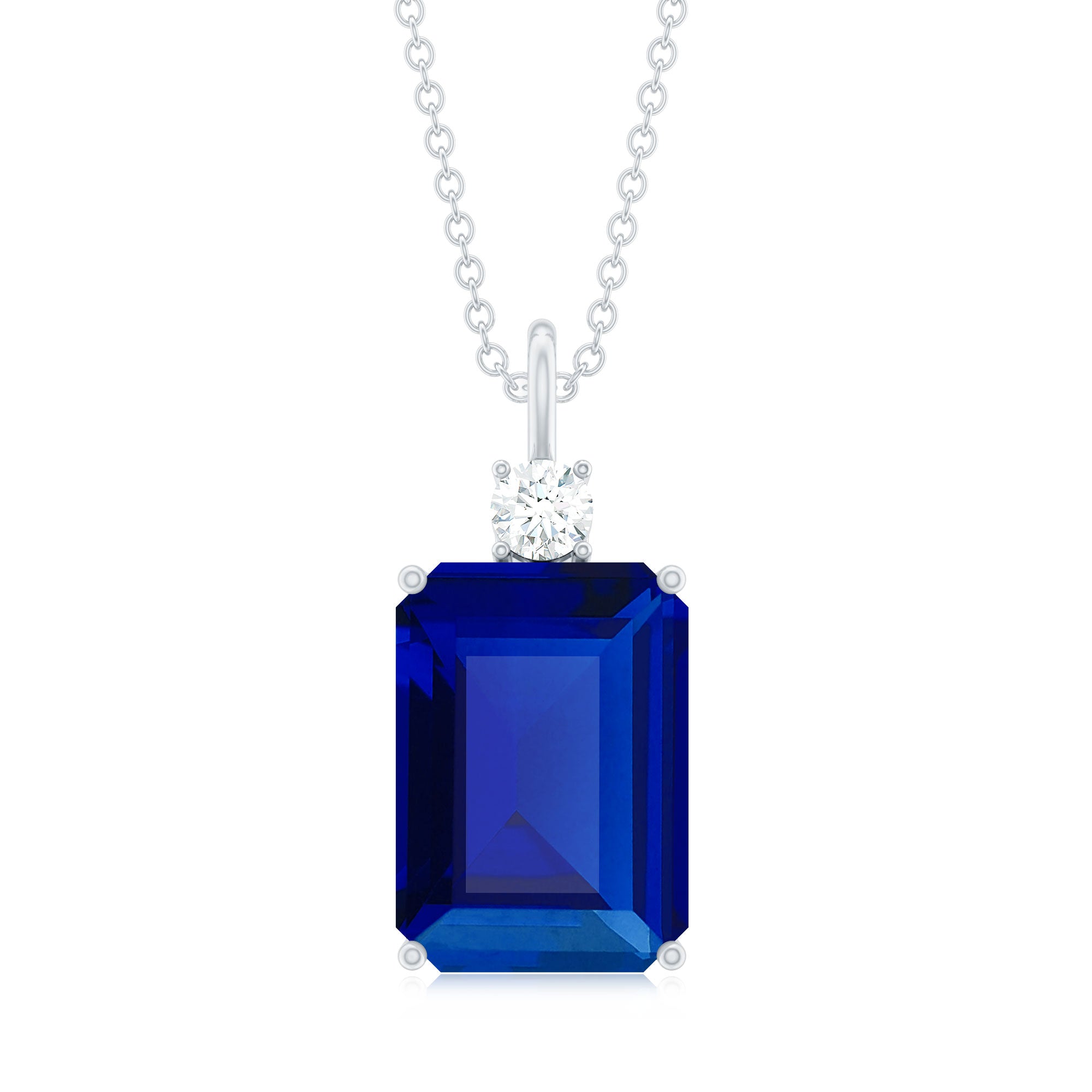 9 Carat Lab Grown Blue Sapphire Emerald Cut Necklace with Diamond AAAA - Rosec Jewels