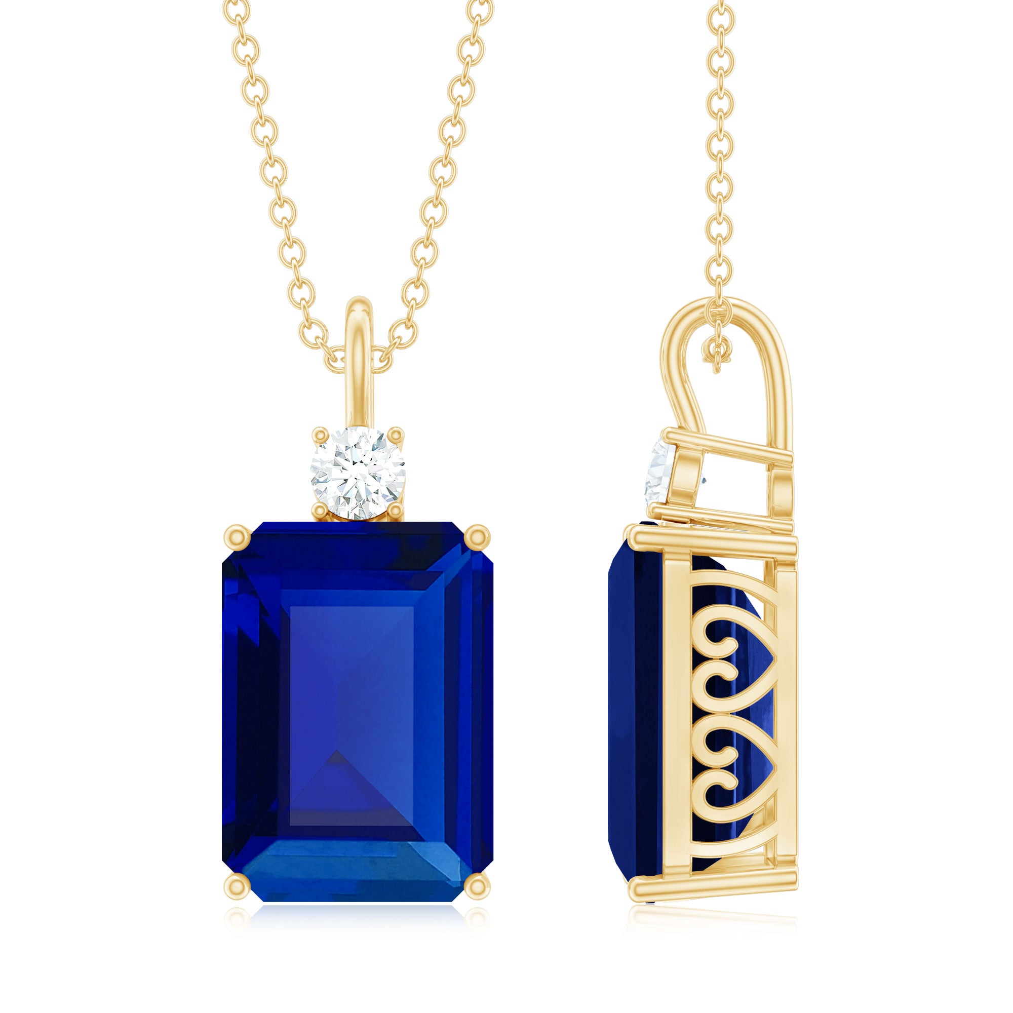 9 Carat Lab Grown Blue Sapphire Emerald Cut Necklace with Diamond AAAA - Rosec Jewels