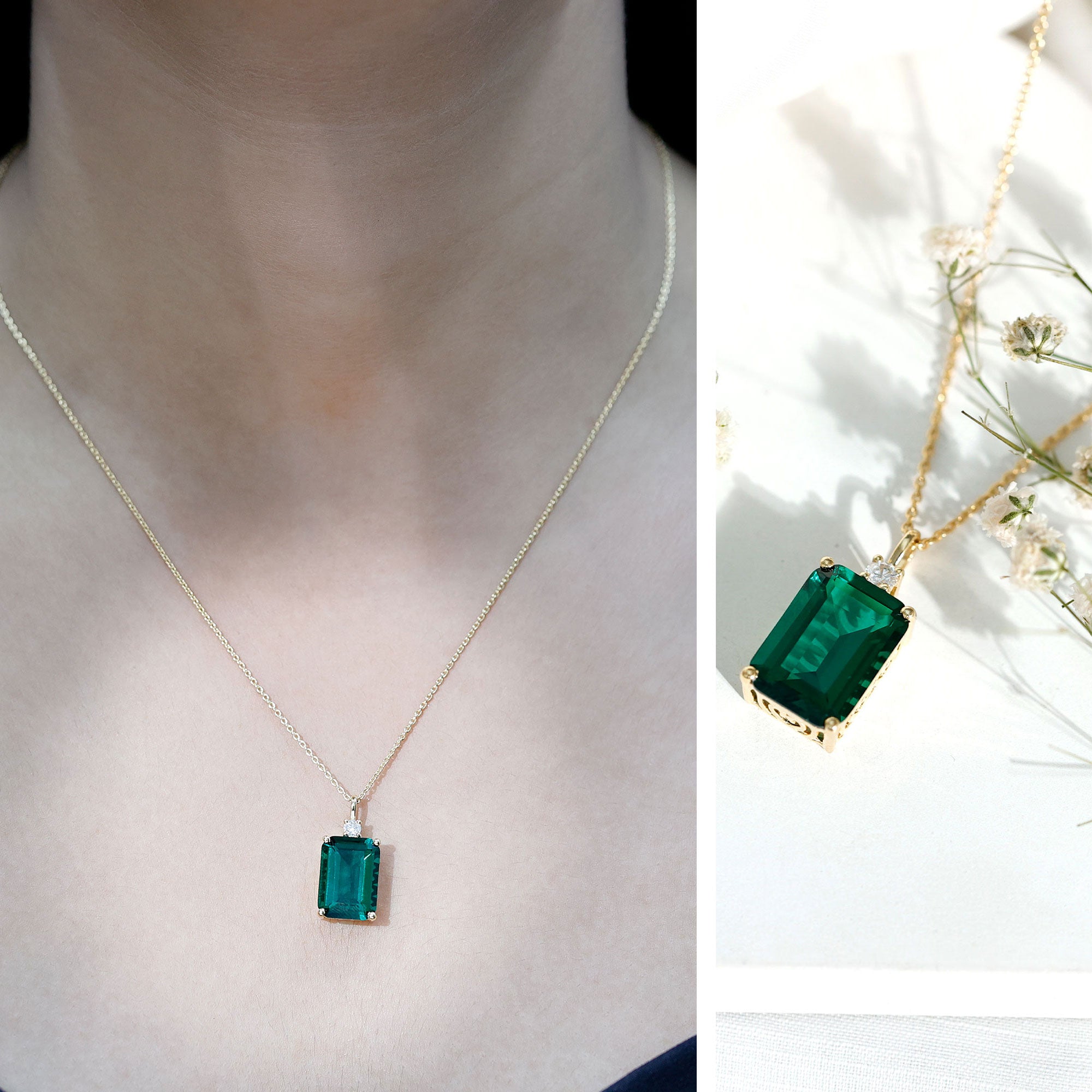 Certified 8.2 Carat Lab Grown Emerald Cocktail Necklace with Diamond AAAA - Rosec Jewels