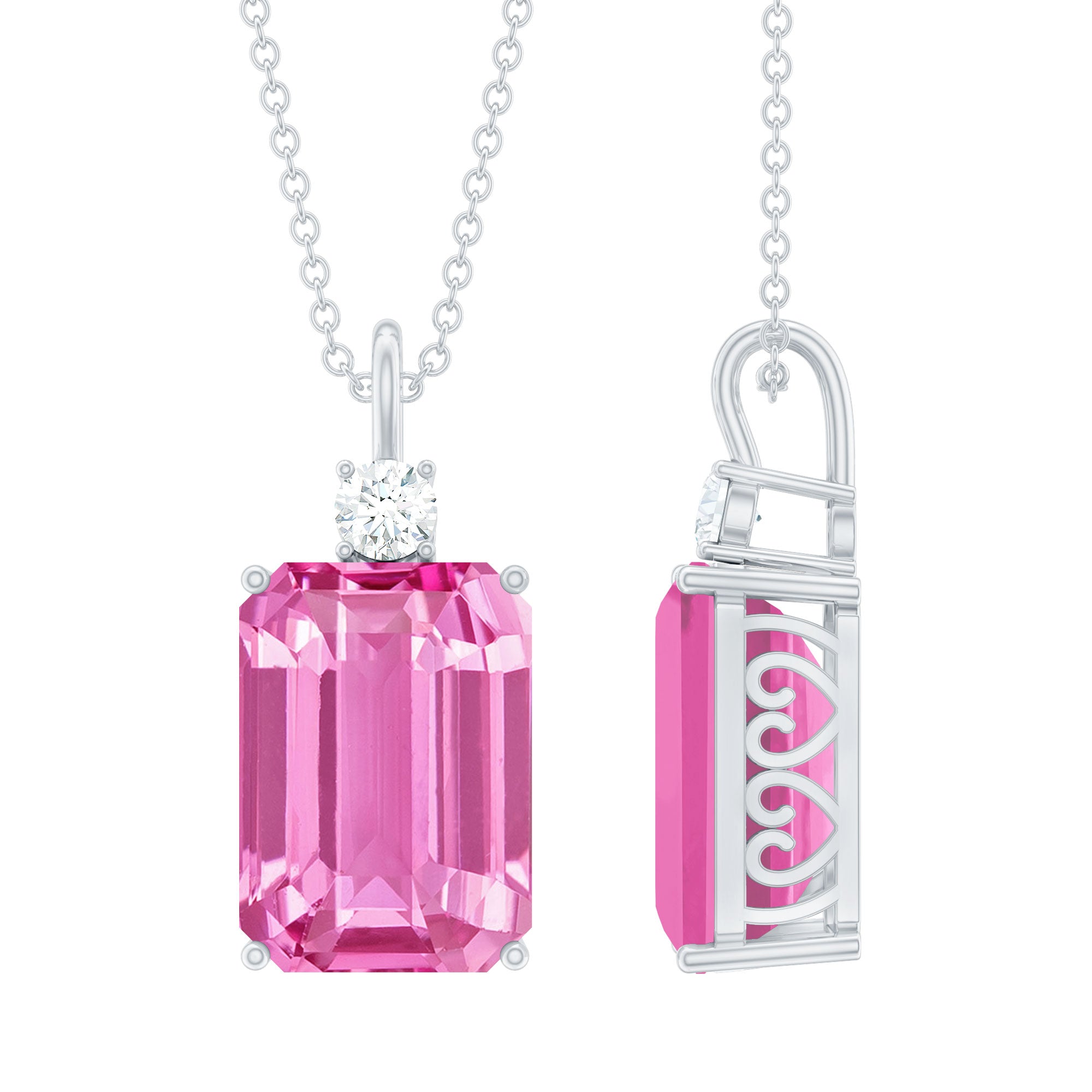 9 Carat Emerald Cut Lab Created Pink Sapphire Pendant with Diamond AAAA - Rosec Jewels