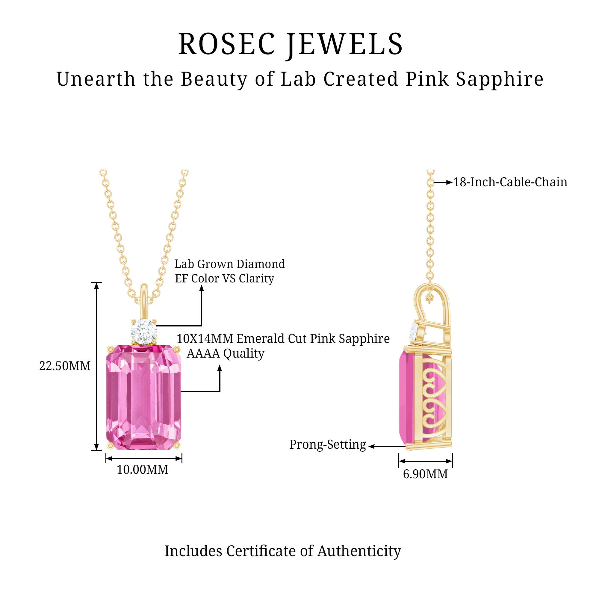 9 Carat Emerald Cut Lab Created Pink Sapphire Pendant with Diamond AAAA - Rosec Jewels