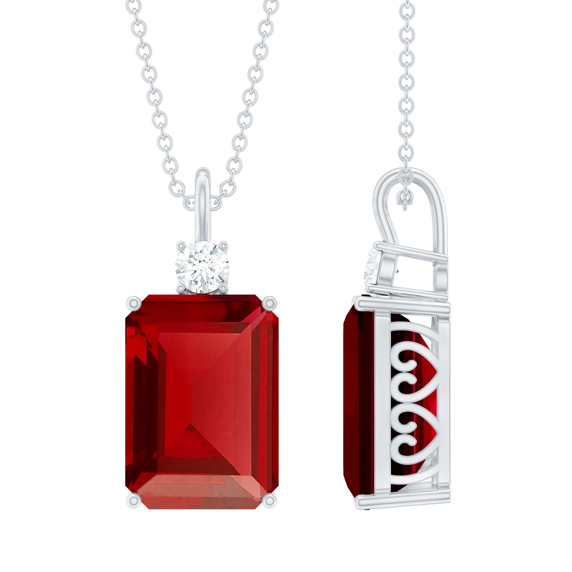 5 Carat Emerald Cut Lab Created Ruby Solitaire Pendant with Diamond AAAA - Rosec Jewels