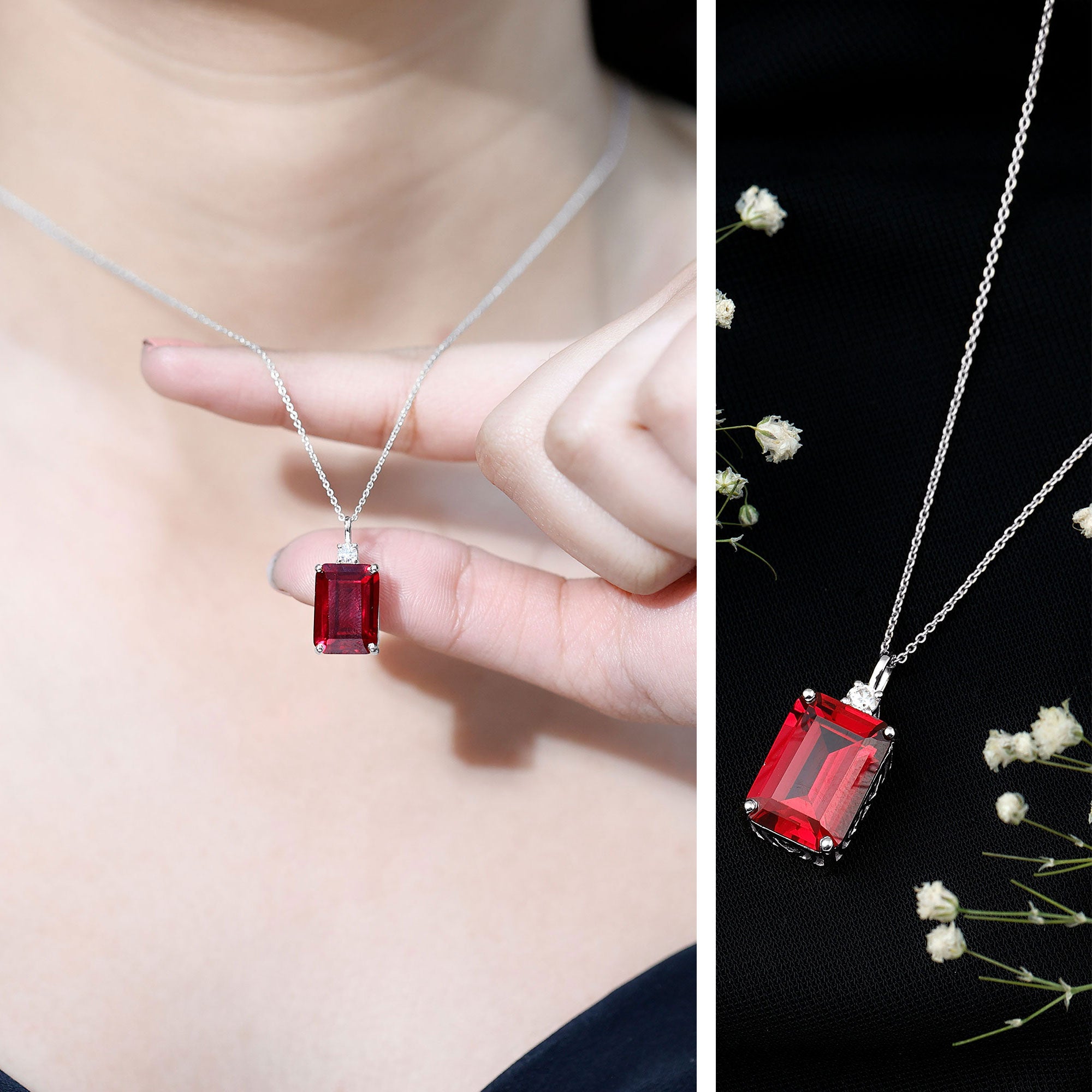 5 Carat Emerald Cut Lab Created Ruby Solitaire Pendant with Diamond AAAA - Rosec Jewels
