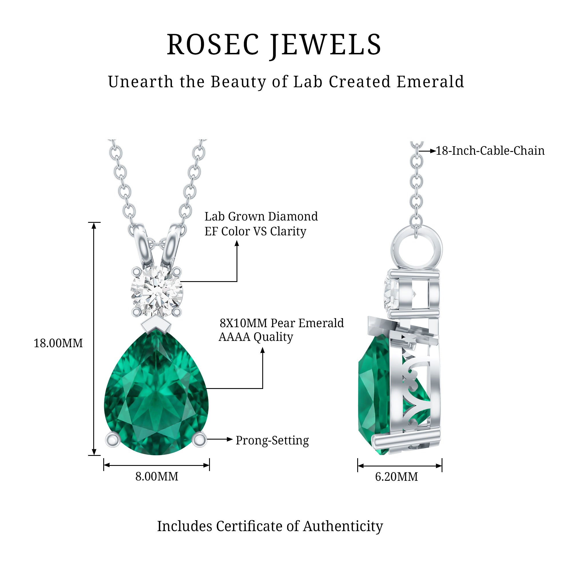 2.5 CT Lab Created Emerald Diamond Teardrop Pendant with Certificate AAAA - Rosec Jewels