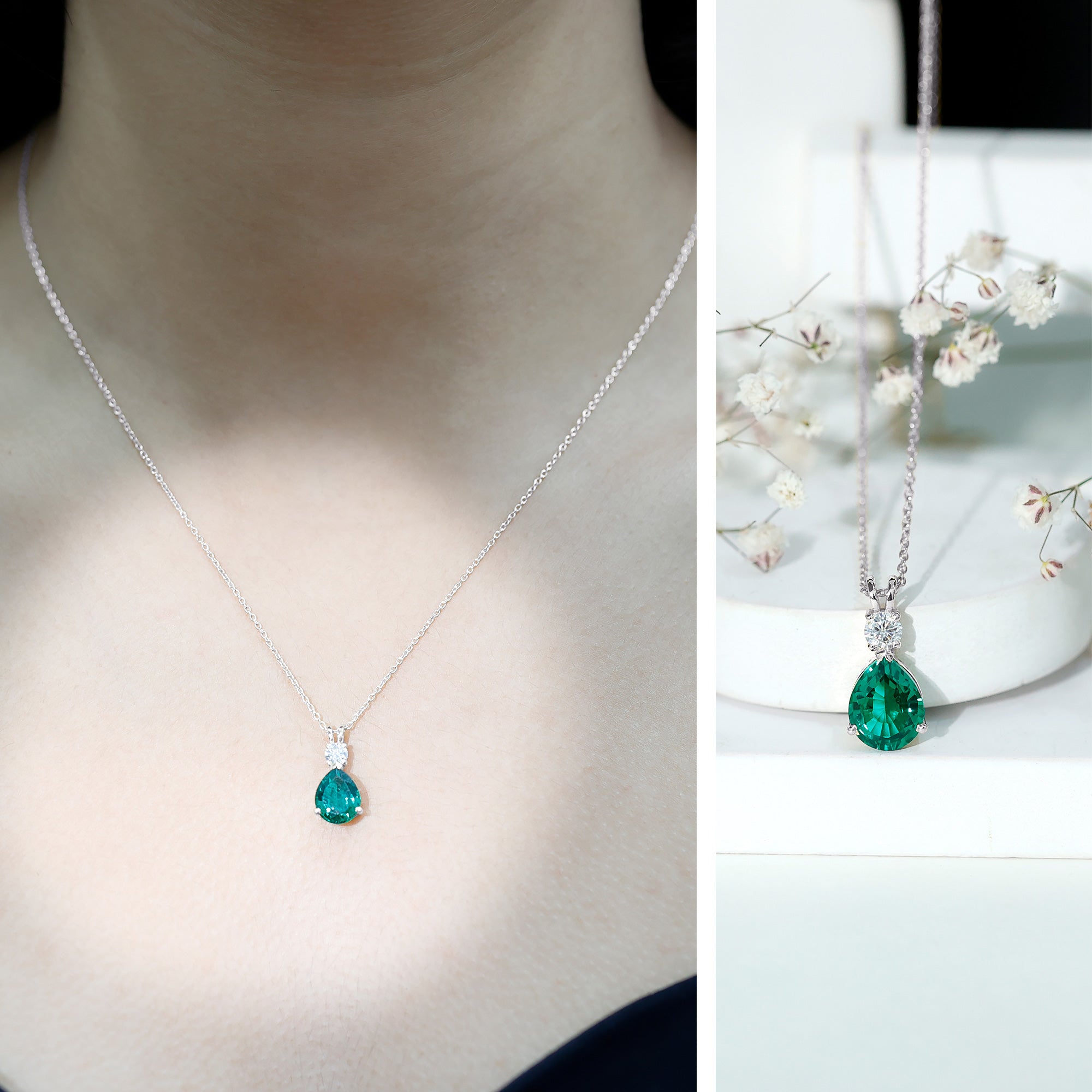 2.5 CT Lab Created Emerald Diamond Teardrop Pendant with Certificate AAAA - Rosec Jewels