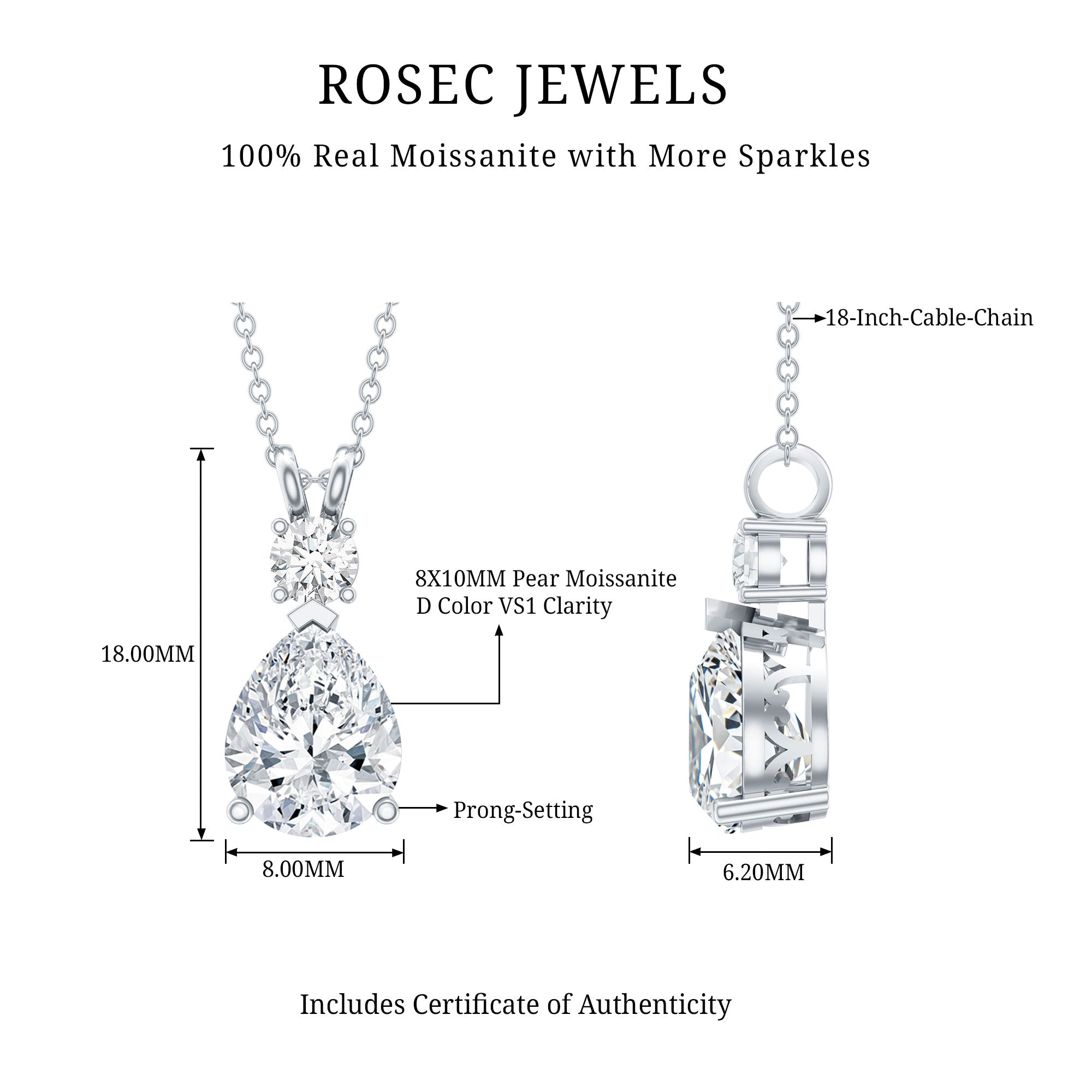 Certified Moissanite Wedding Necklace for Bride D-VS1 - Rosec Jewels