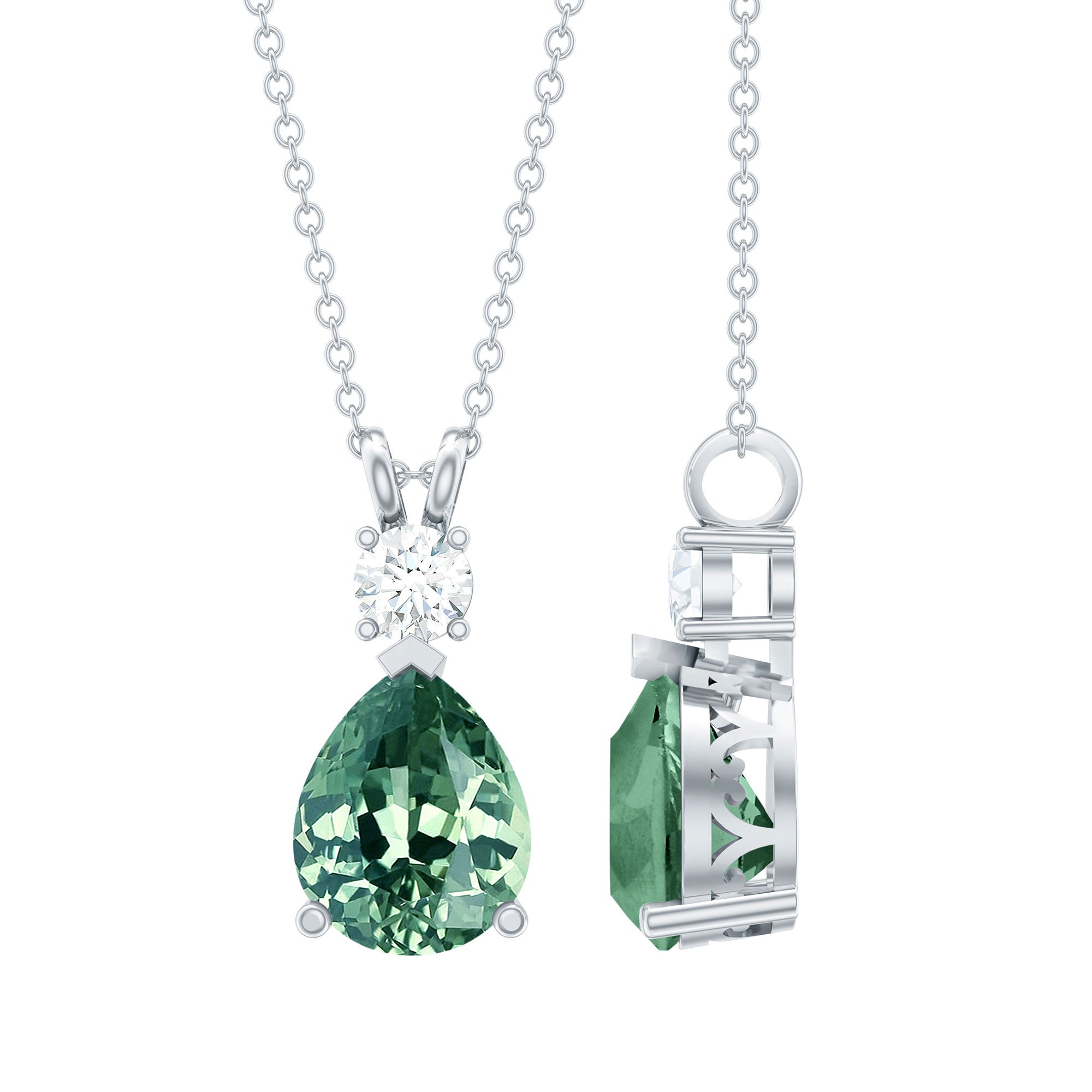 Pear Cut Created Green Sapphire Drop Pendant with Moissanite