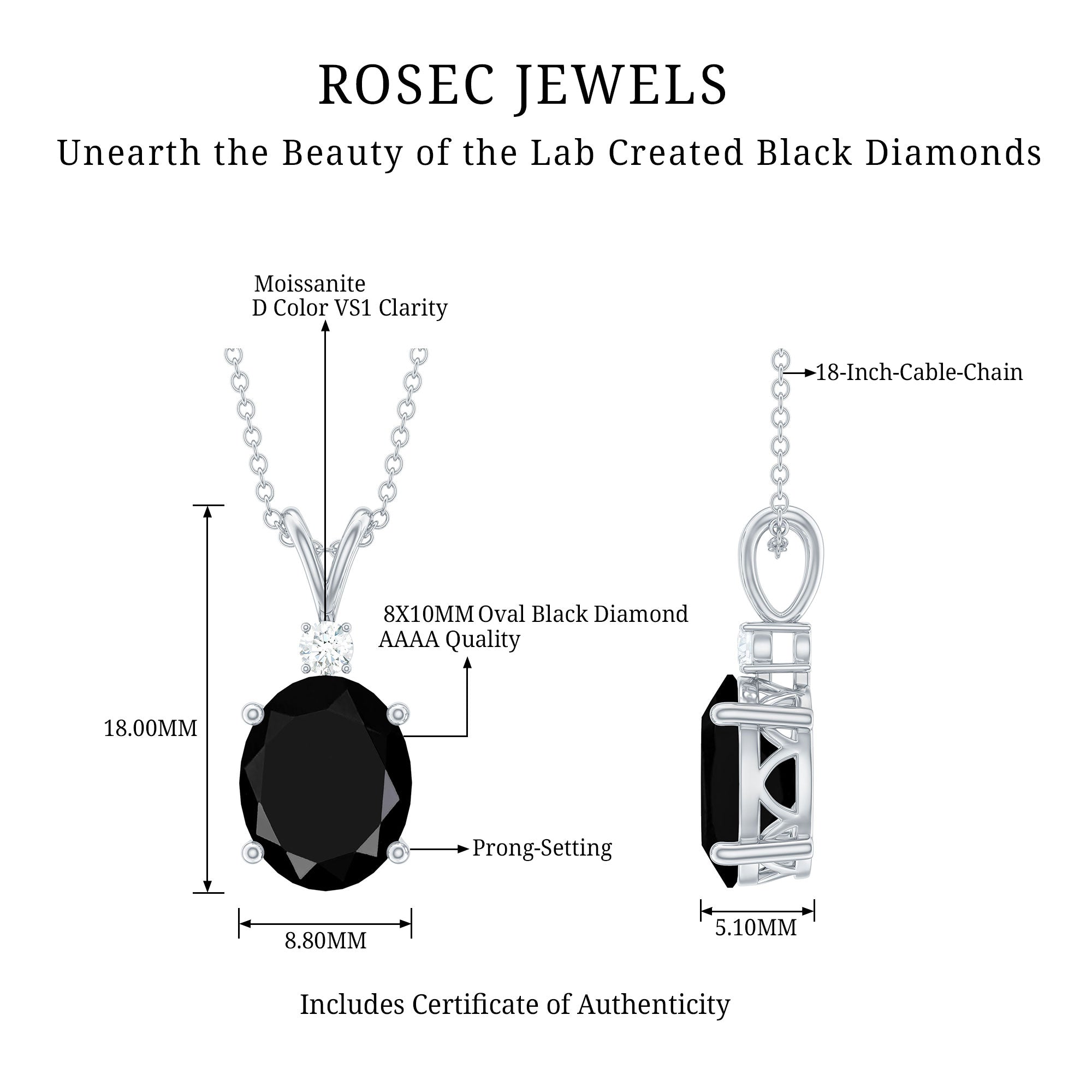 4.2 Carat Oval Shape Lab Created Black Diamond Solitaire Pendant Necklace AAAA ( Synthetic ) - Rosec Jewels