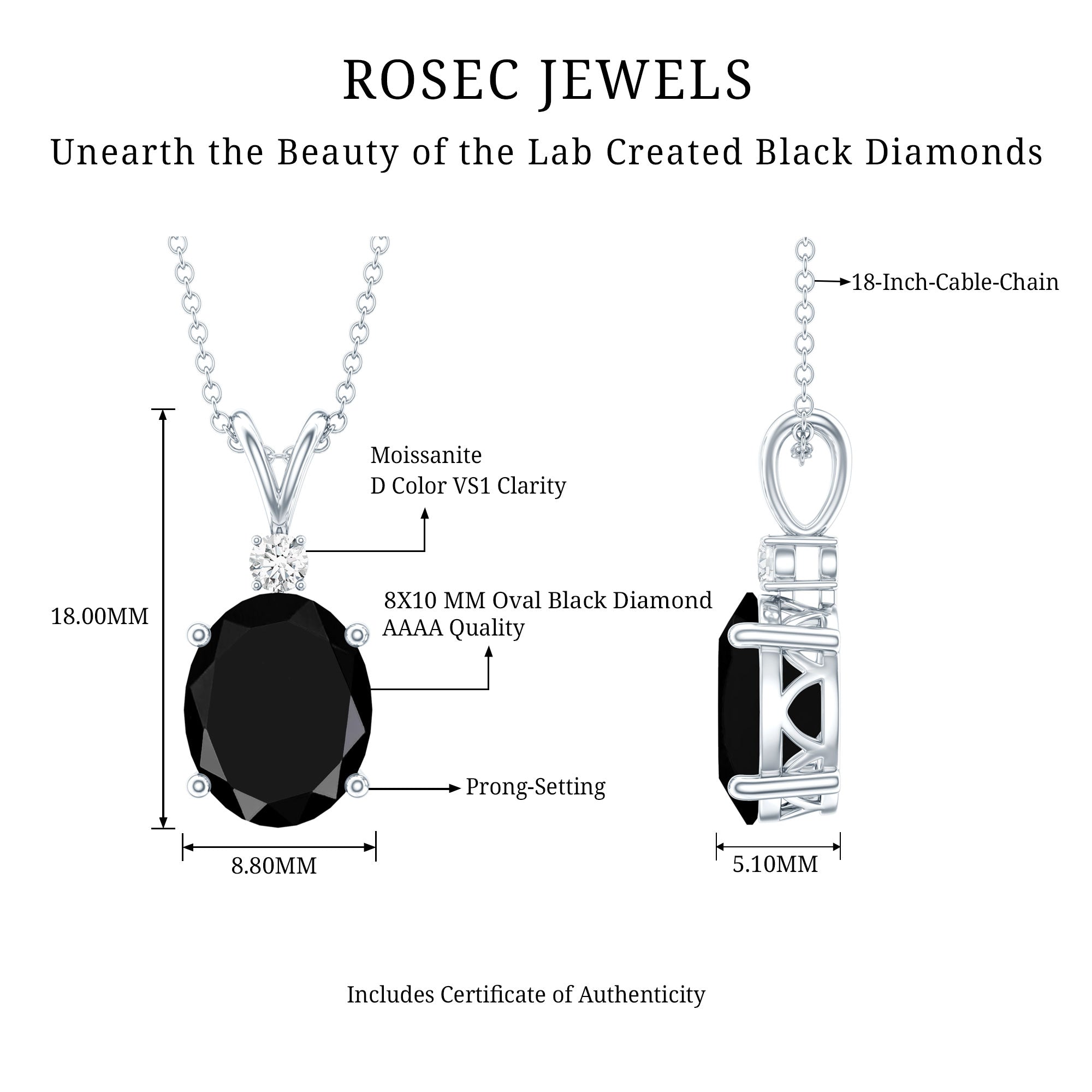 4.2 Carat Oval Shape Lab Created Black Diamond Solitaire Pendant Necklace AAAA ( Synthetic ) - Rosec Jewels