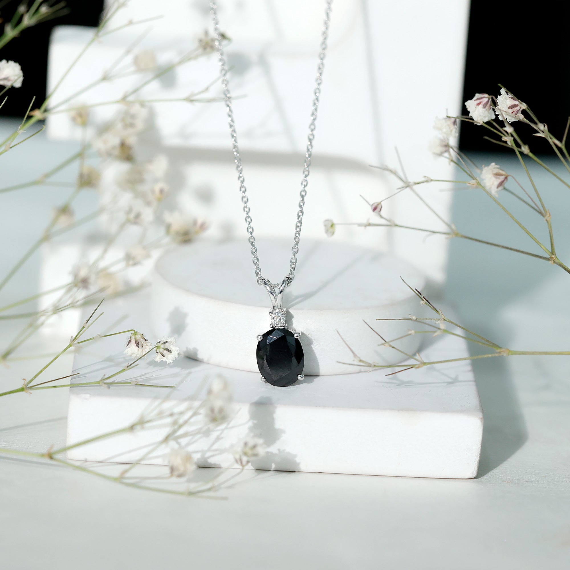 4.2 Carat Oval Shape Lab Created Black Diamond Solitaire Pendant Necklace AAAA ( Synthetic ) - Rosec Jewels