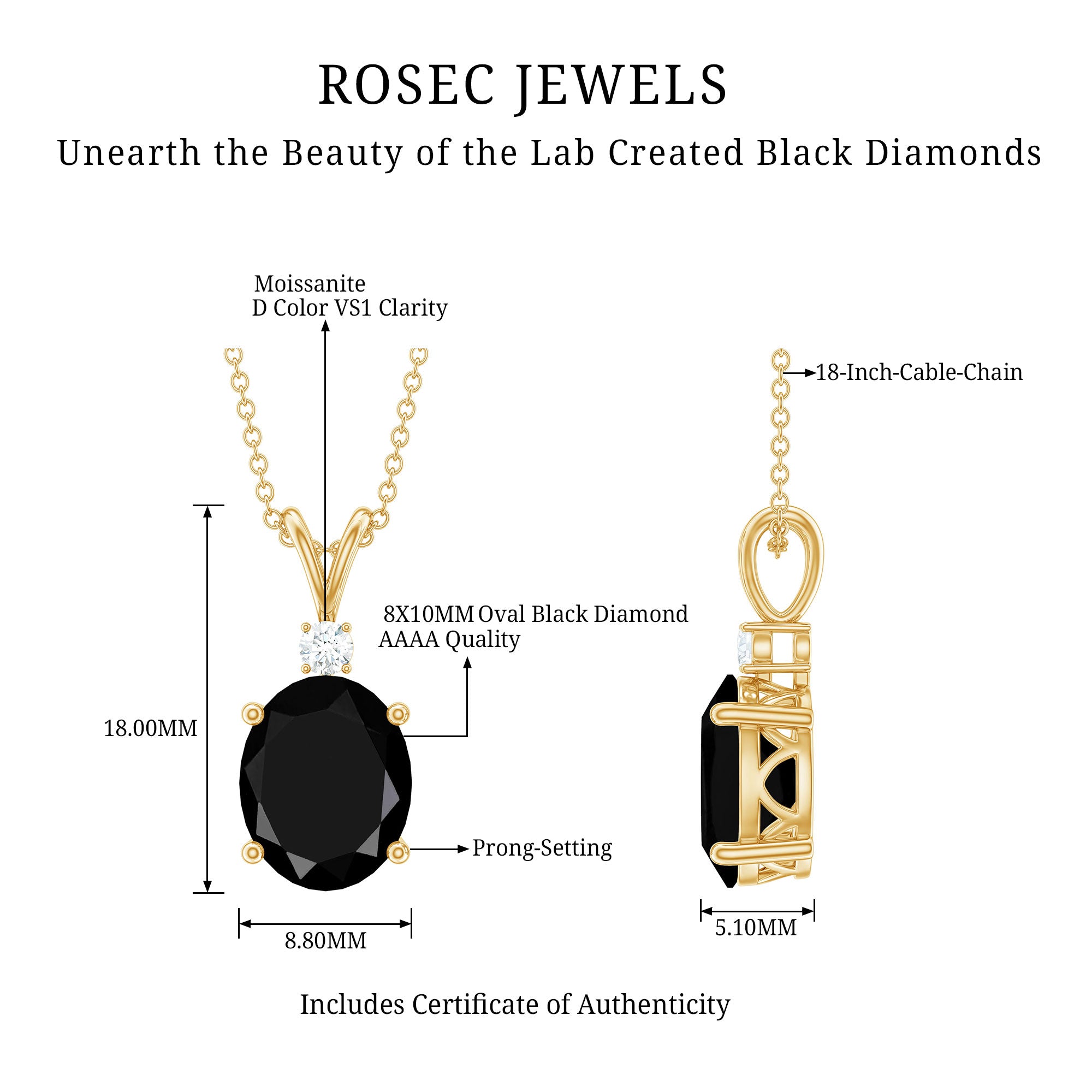4.2 Carat Oval Shape Lab Created Black Diamond Solitaire Pendant Necklace AAAA ( Synthetic ) - Rosec Jewels