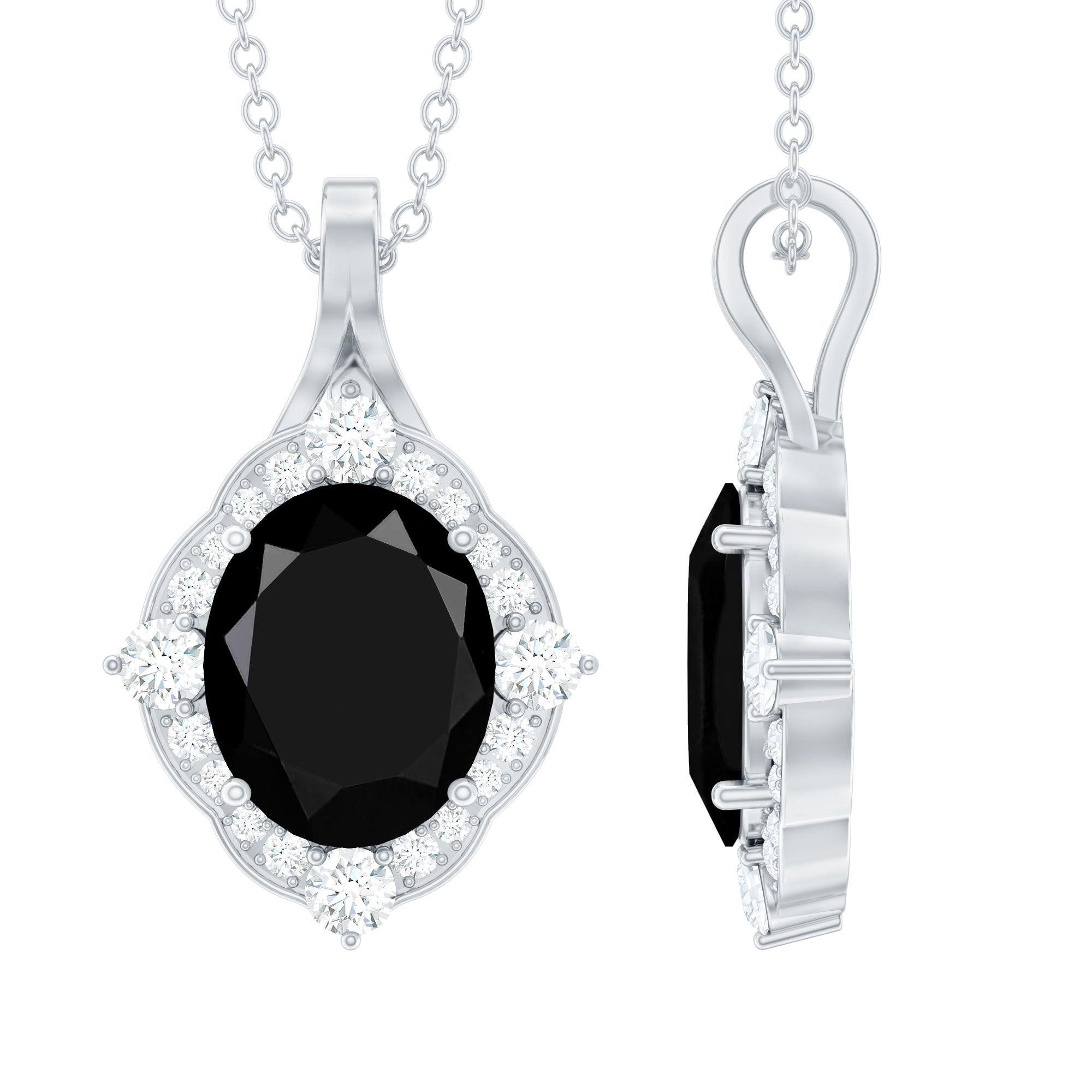 Vintage Style Created Black Diamond Halo Pendant Necklace AAAA ( Synthetic ) - Rosec Jewels