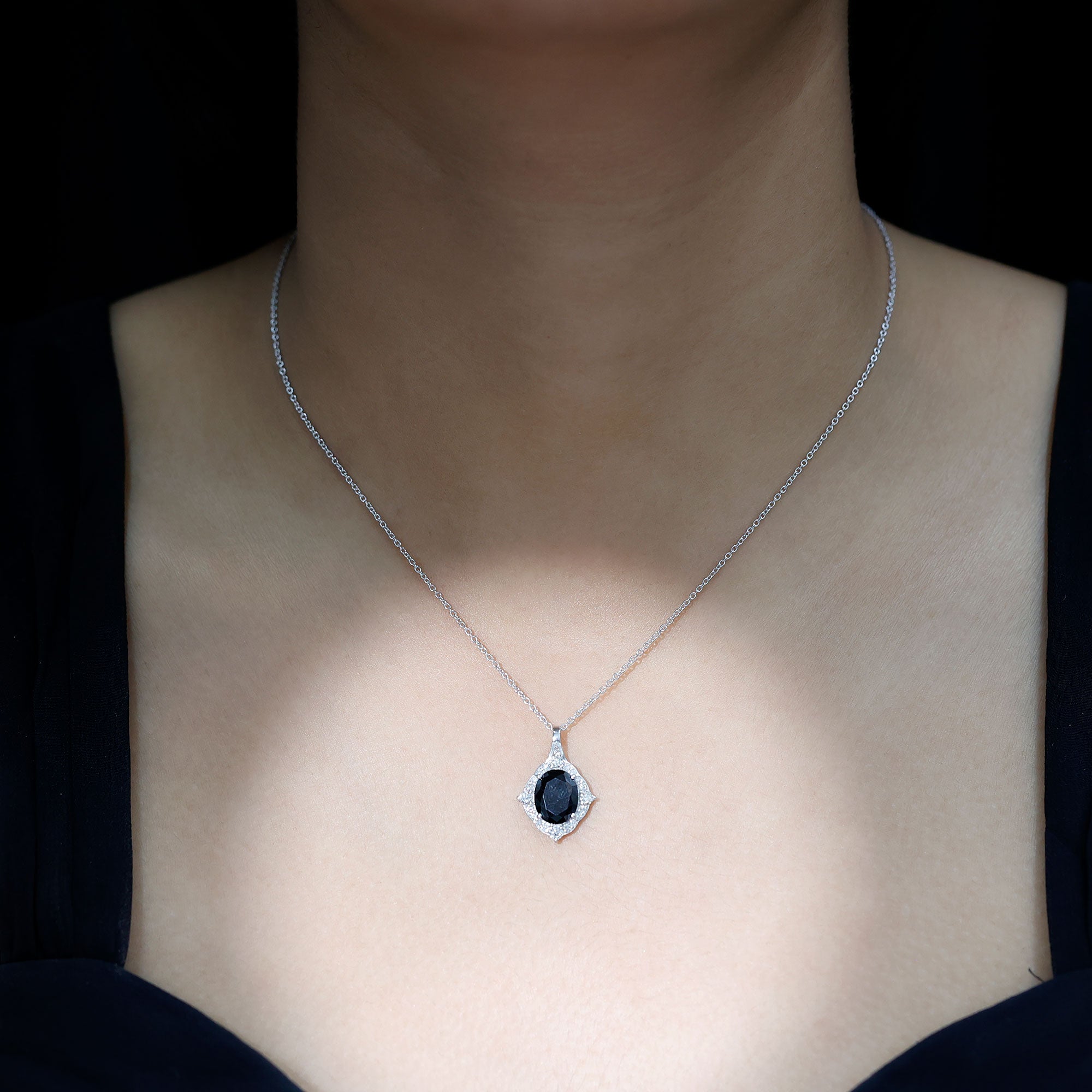 Vintage Style Created Black Diamond Halo Pendant Necklace AAAA ( Synthetic ) - Rosec Jewels