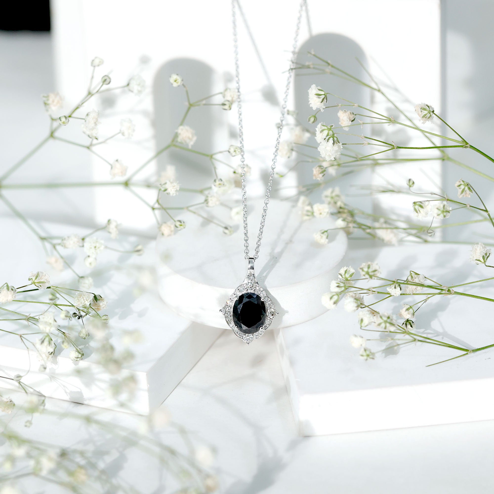 Vintage Style Created Black Diamond Halo Pendant Necklace AAAA ( Synthetic ) - Rosec Jewels