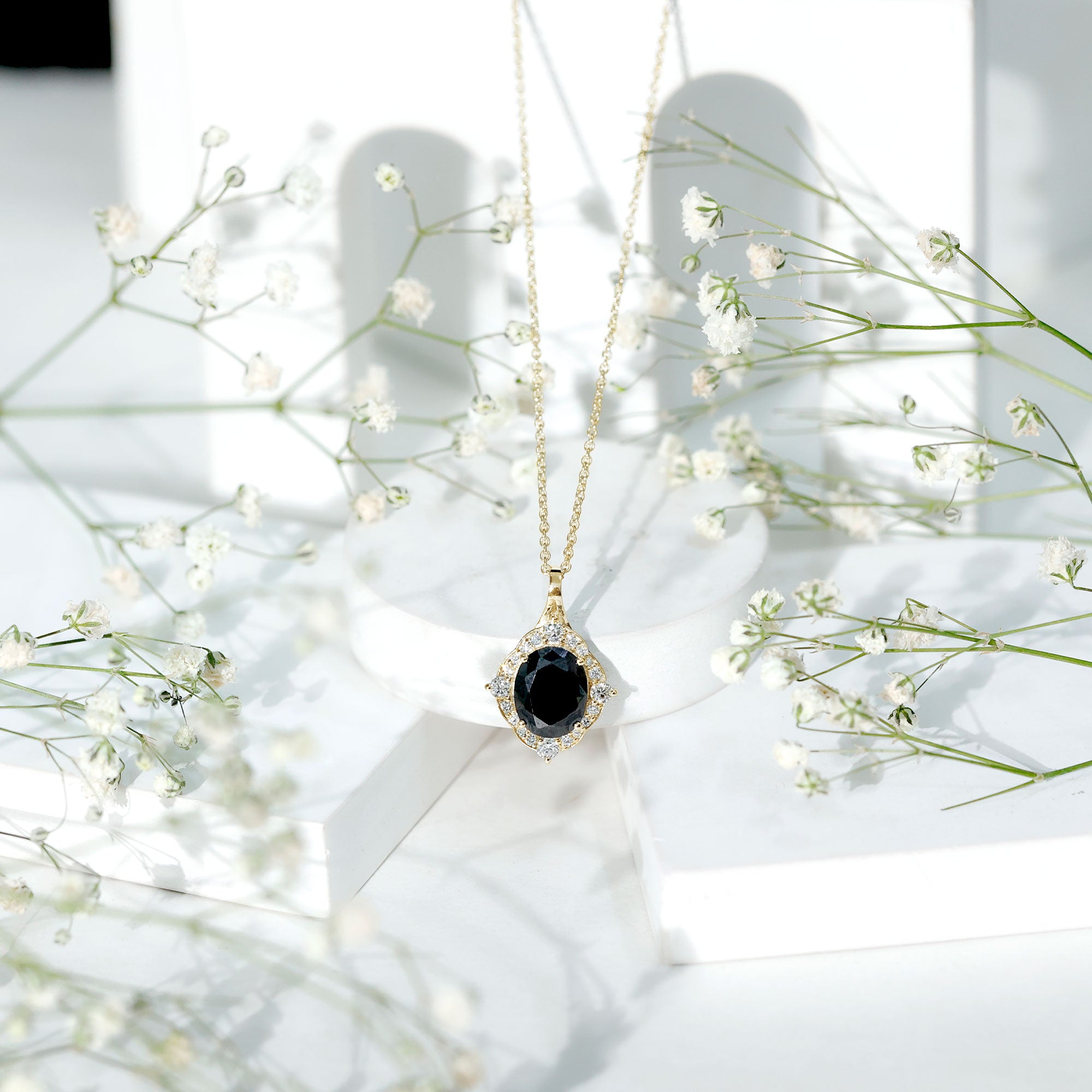 Vintage Style Created Black Diamond Halo Pendant Necklace AAAA ( Synthetic ) - Rosec Jewels