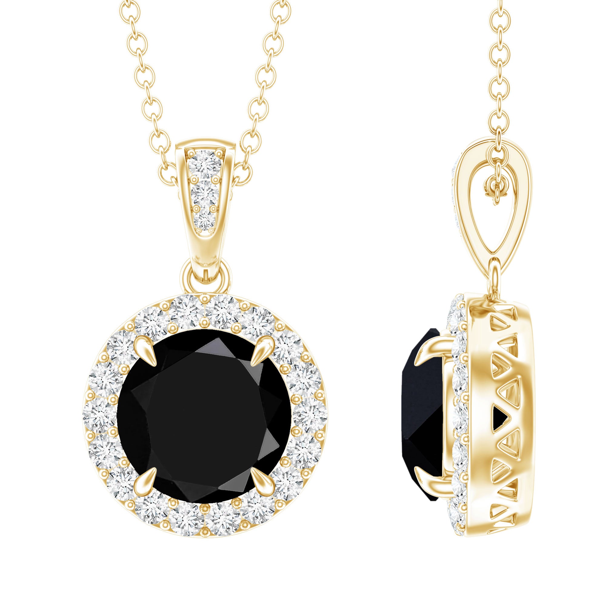 2 Carat Round Lab Created Black Diamond Halo Pendant with White Diamond AAAA ( Synthetic ) - Rosec Jewels