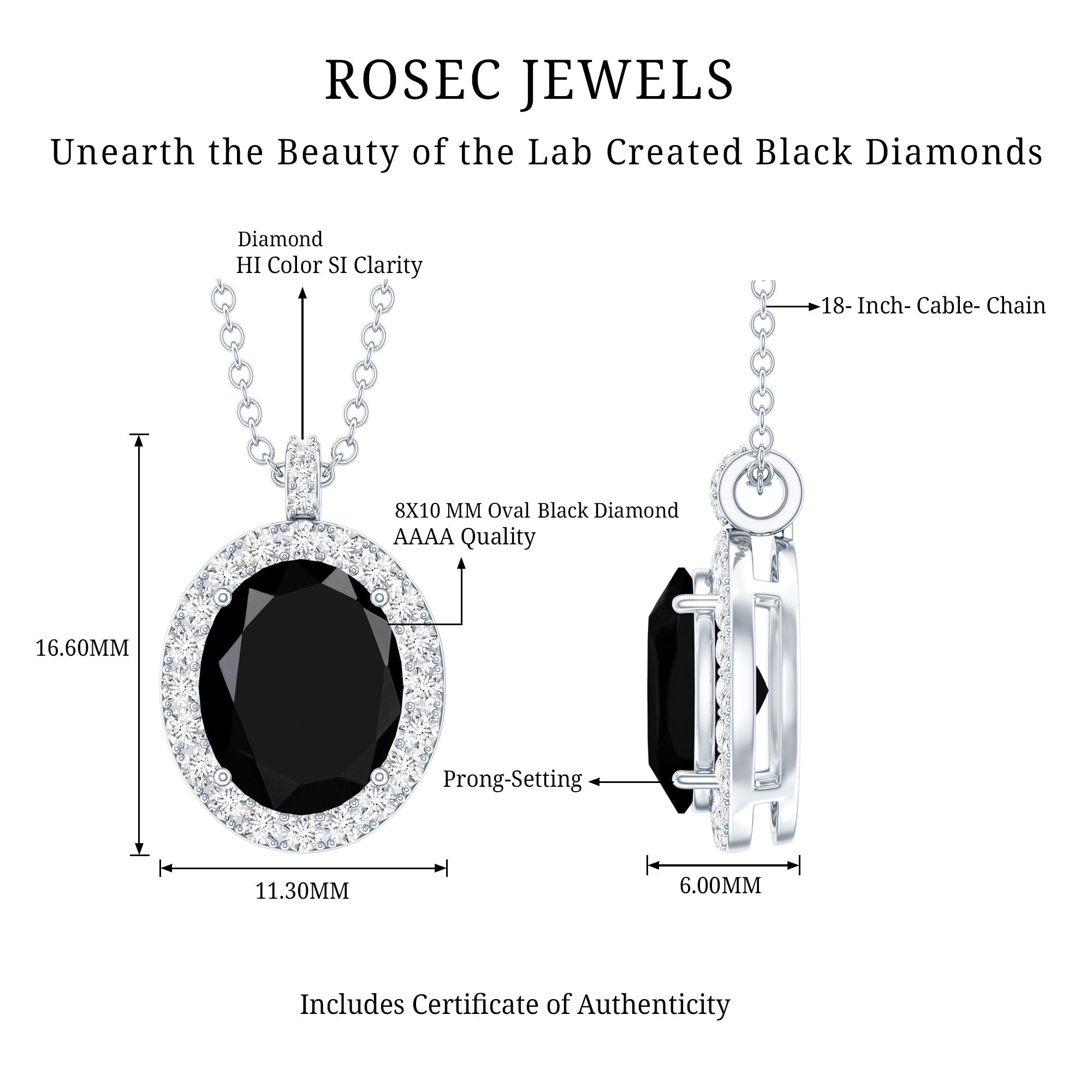 4.2 Carat Oval Shape Lab Created Black Diamond Statement Necklace AAAA ( Synthetic ) - Rosec Jewels
