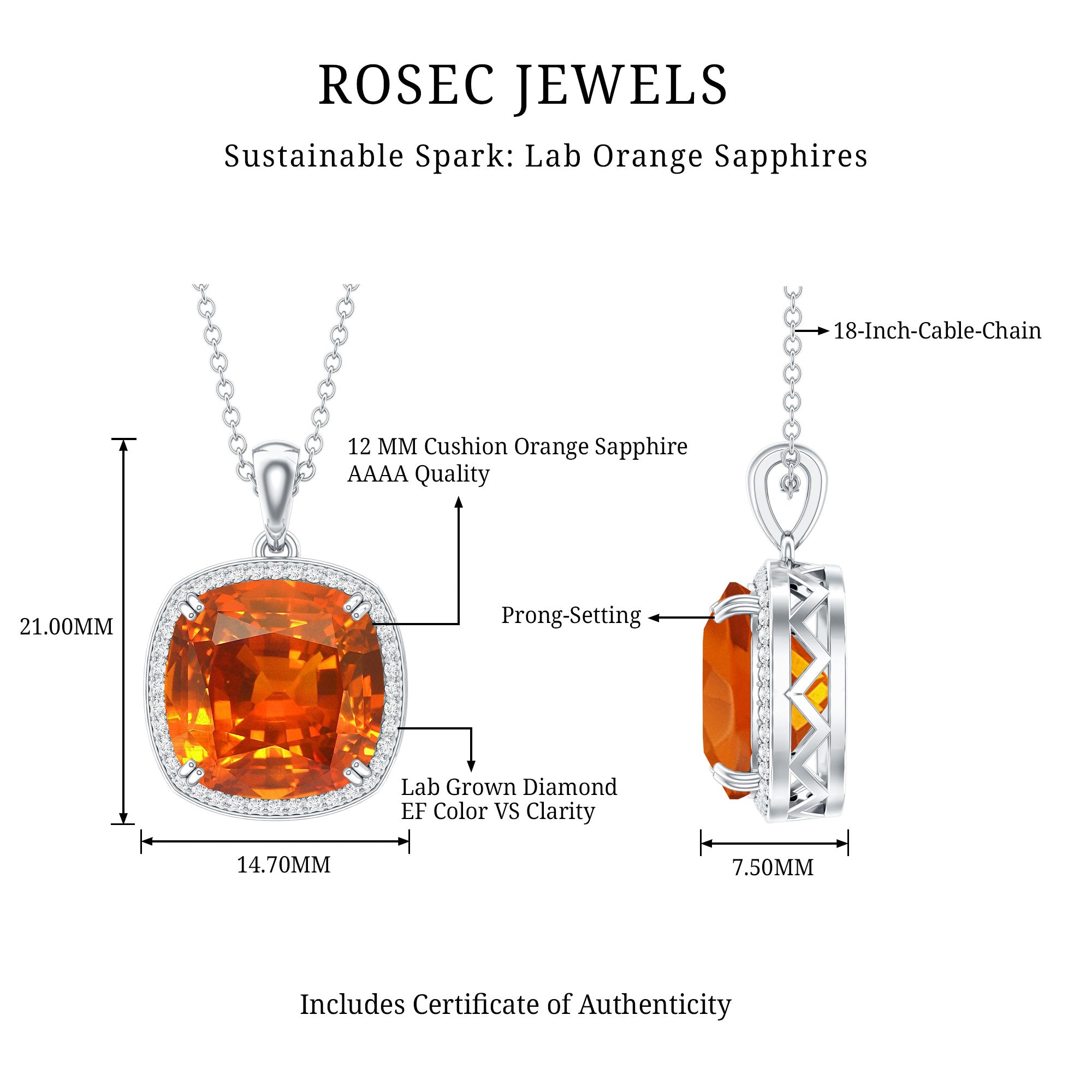 9 Carat Lab Created Orange Sapphire Diamond Statement Necklace For Women AAAA - Rosec Jewels