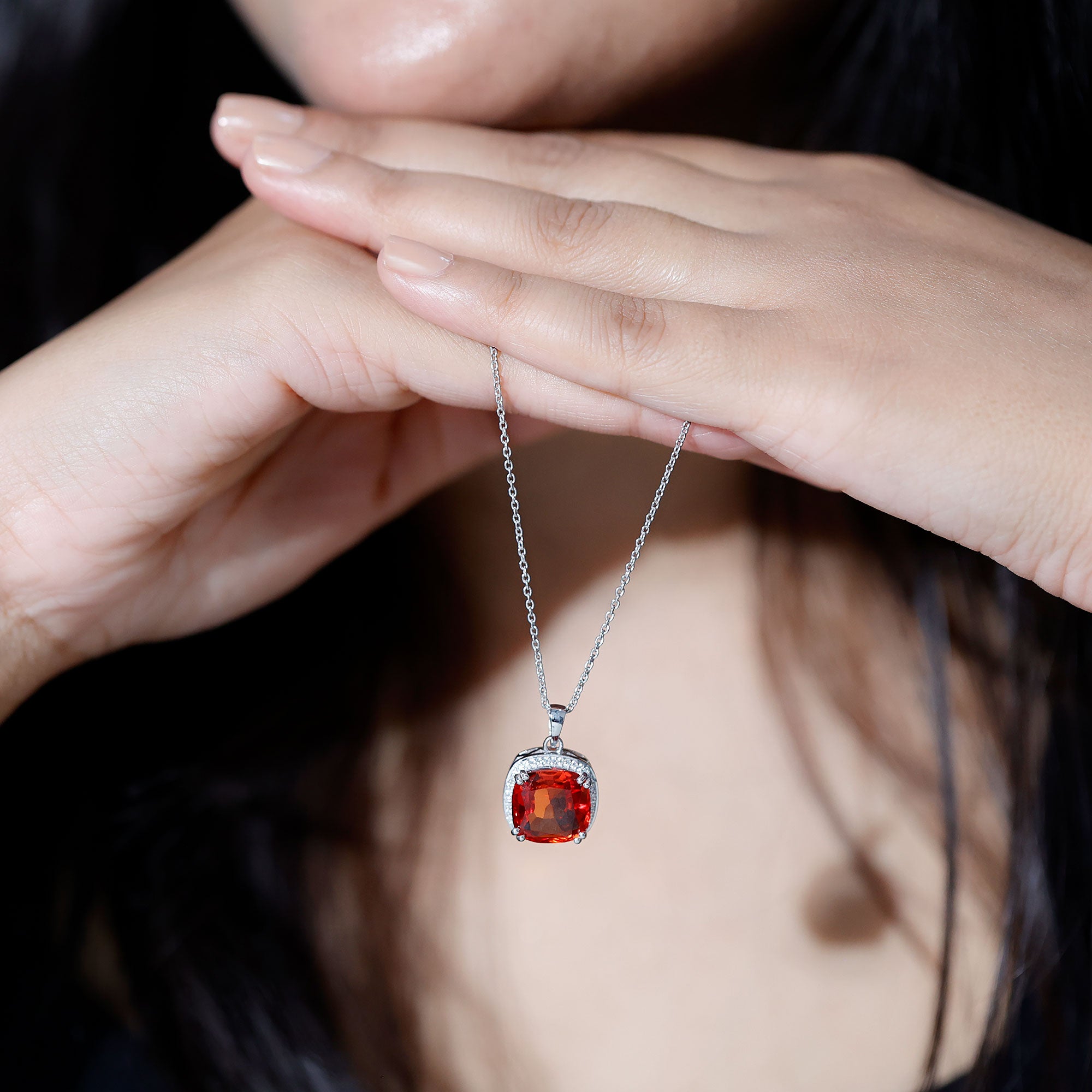 9 Carat Lab Created Orange Sapphire Diamond Statement Necklace For Women AAAA - Rosec Jewels