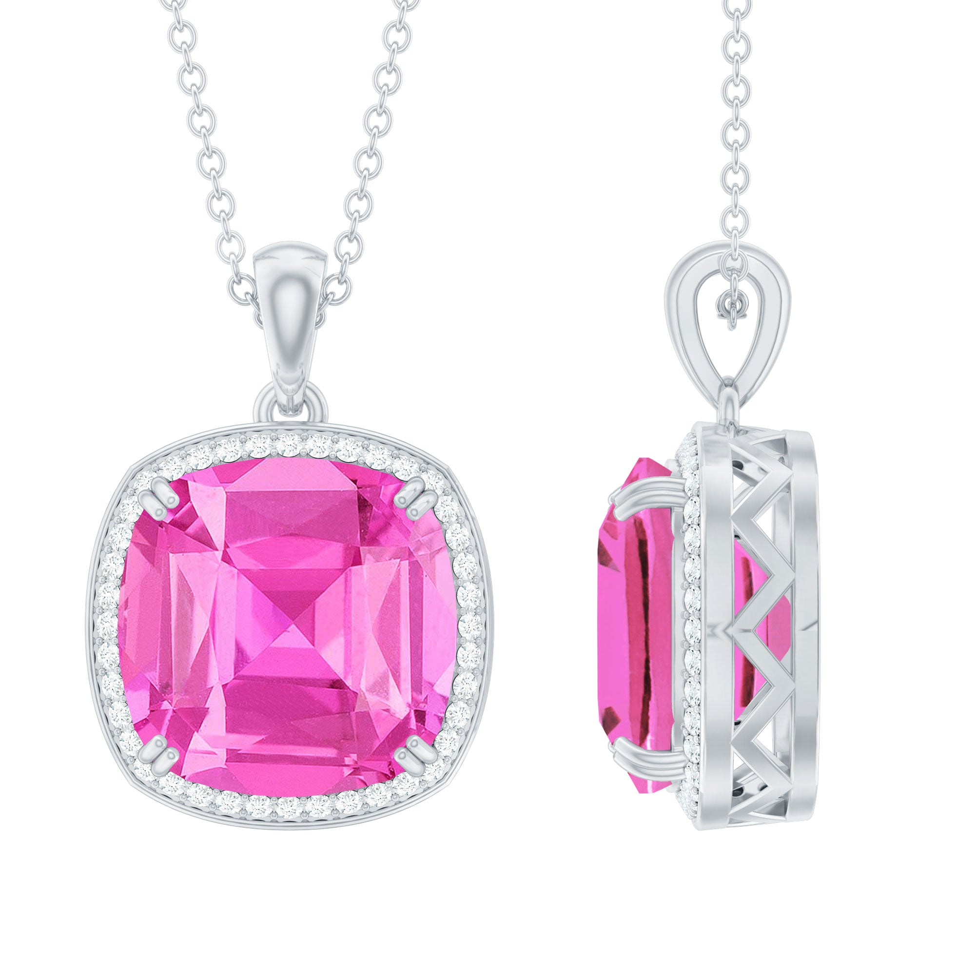 Created Pink Sapphire and Moissanite Halo Pendant Necklace