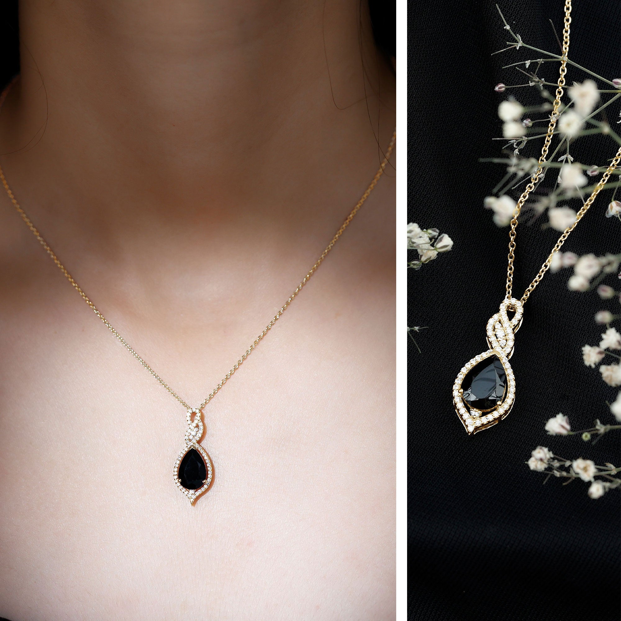 1.75 Carat Pear Shape Black Spinel Statement Necklace with Moissanites AAA - Rosec Jewels